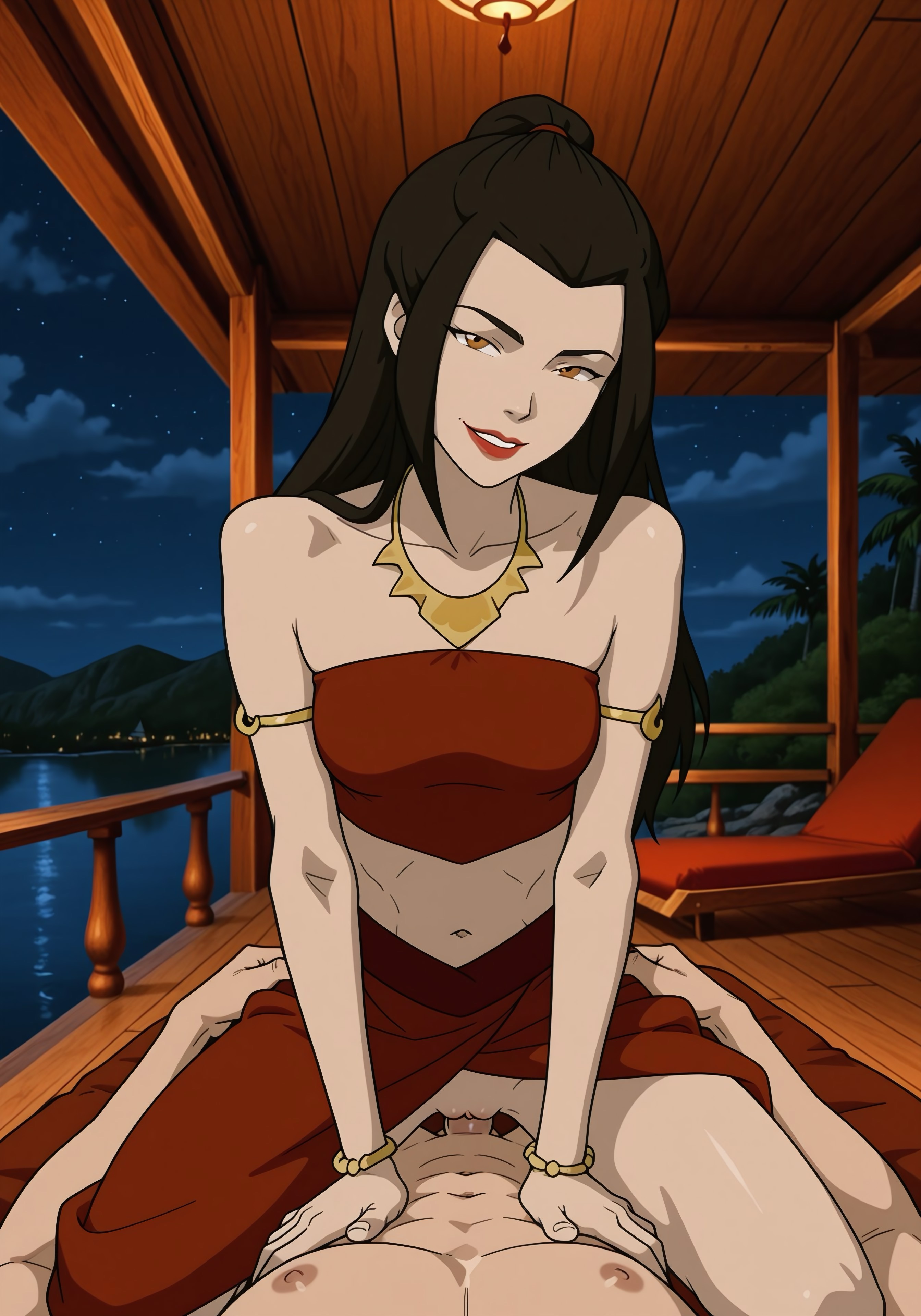 1boy, 1girls, 2d, abs, ai generated, athletic, athletic female, avatar the last airbender, azula, bedroom eyes, black hair, breasts, clothed, clothed sex, clothing, color, cowgirl position, digital media (artwork), dress, female, fit, fit female, fit male, hair tie, human, jewelry, leaning forward, light skin, light-skinned female, lipstick, long hair, makunahatata, male, medium breasts, muscular, muscular male, night, nude, outdoors, princess, pussy, riding, royalty, sex, skirt, smile, straddling, straight, teenage female, teenager, vagina, vaginal penetration