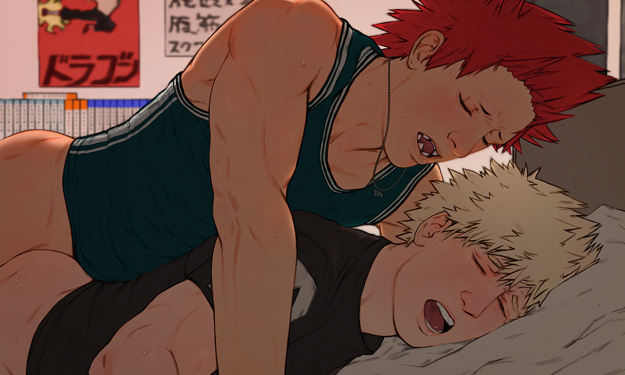 2boys, anal, ass, bara, blonde hair, closed eyes, clothed, clothed sex, eijirou kirishima, gay, katsuki bakugou, male, male only, muscular, my hero academia, open mouth, red hair, siij, yaoi
