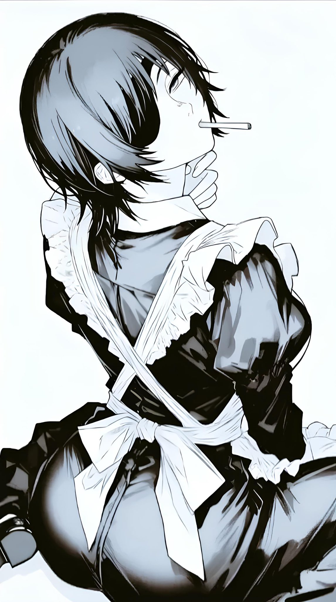 1girls, 2025, ass, back view, big ass, black and white, black hair, chainsaw man, cigarette, clothed, clothing, emotionless, emotionless female, eye patch, female, female only, hi res, himeno (chainsaw man), leki ltb, looking at viewer, looking back, maid, maid uniform, simple background, solo, white background, white body