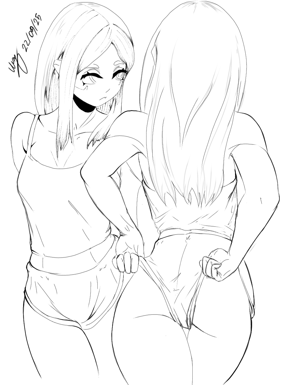 ass, cyberpunk: edgerunners, female, long hair, rebecca (edgerunners), shorts, sketch, smaller female