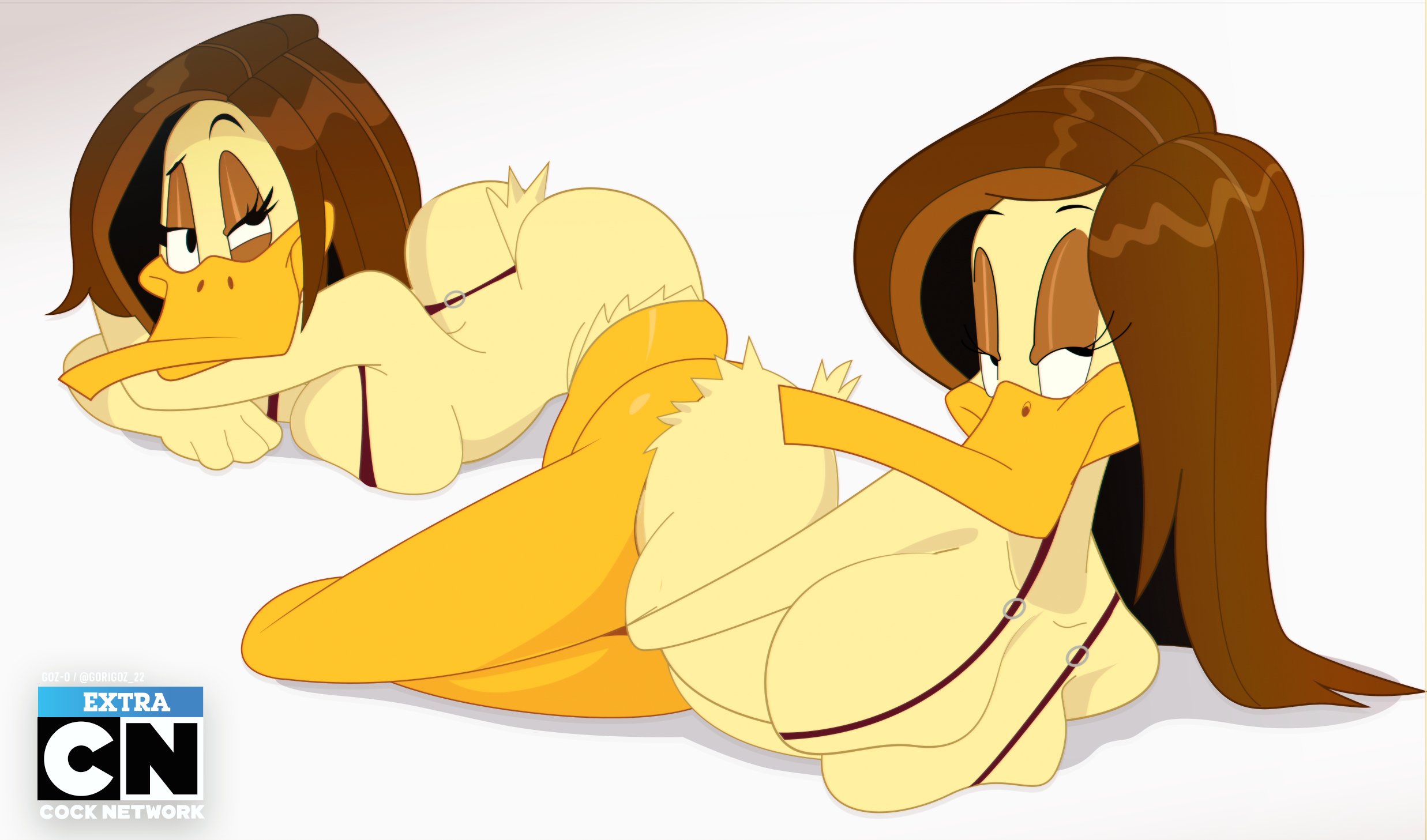 1girls, animal nose, anthro, ass, ass grab, beak, bikini, bird, bird girl, black eyes, blush, body fur, breast press, breasts, brown hair, cleavage, closed mouth, clothing, collarbone, crossed arms, english text, eyeshadow, female, female only, furry, furry female, furry only, glasses, gosgoz, half-closed eye, half-closed eyes, large breasts, long hair, looking at viewer, lying, makeup, neck fur, on side, on stomach, one-piece swimsuit, purple eyeshadow, raised eyebrow, red one-piece swimsuit, round eyewear, shiny skin, skindentation, slingshot swimsuit, smile, swimsuit, the looney tunes show, thighs, tina russo, two-tone fur, uneven eyes, white fur, wide hips, yellow fur, yellow skin