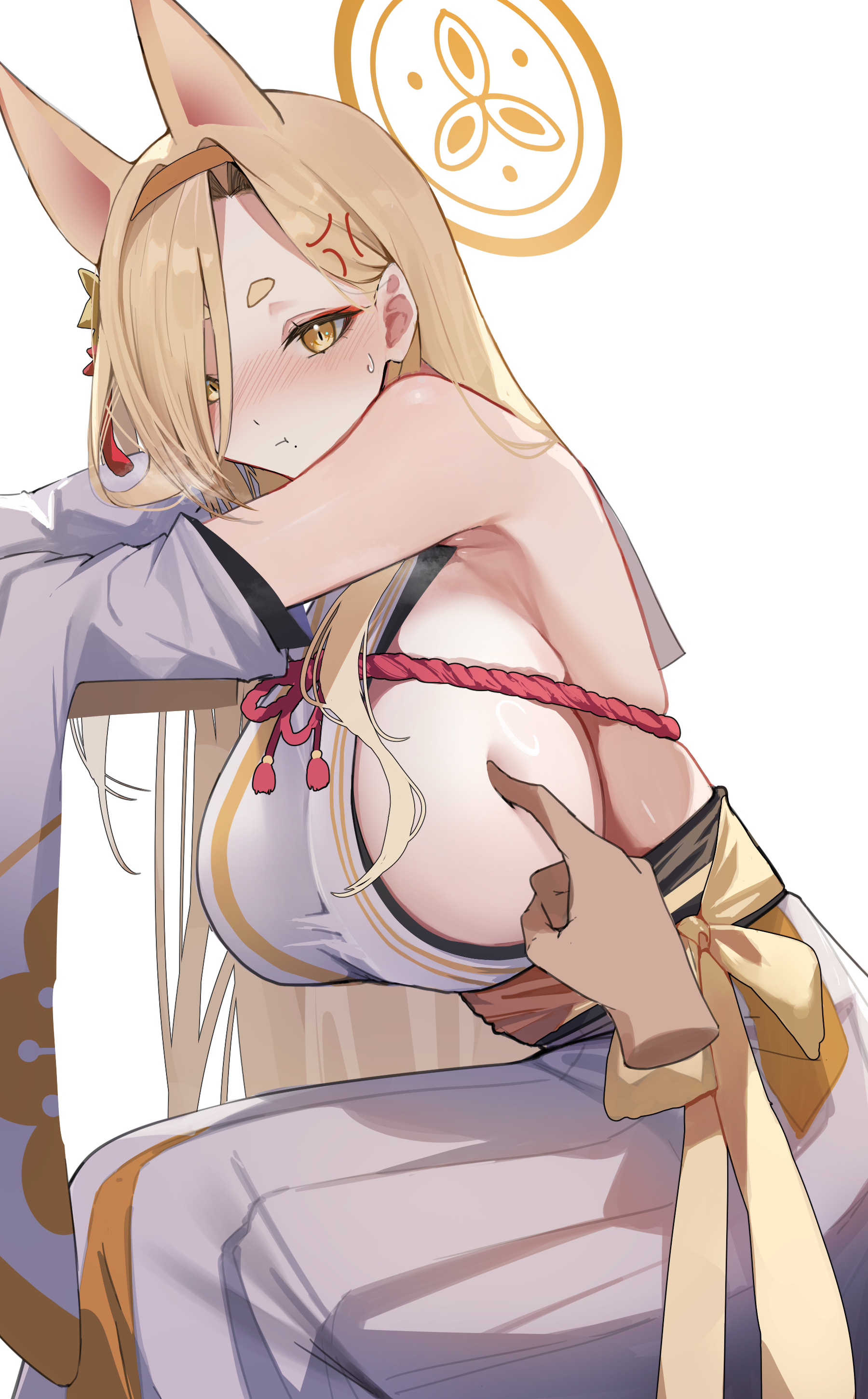 :t, 1boy, 1girls, absurdres, anger vein, angry, animal ears, armpits, bare shoulders, blonde hair, blue archive, blush, breast poke, breast touching, breasts, commentary request, detached sleeves, disembodied hand, female, fox ears, fox girl, fox humanoid, hair over one eye, halo, highres, japanese clothes, kaho (blue archive), kimono, kitsune, kitsunemimi, large breasts, leaning forward, long hair, male, poking, pout, pov, pov hands, red rope, rope, shiro marimo, sideboob, simple background, sitting, skindentation, solo focus, sweatdrop, white background, white kimono, white sleeves, wide sleeves, yellow eyes, yellow halo