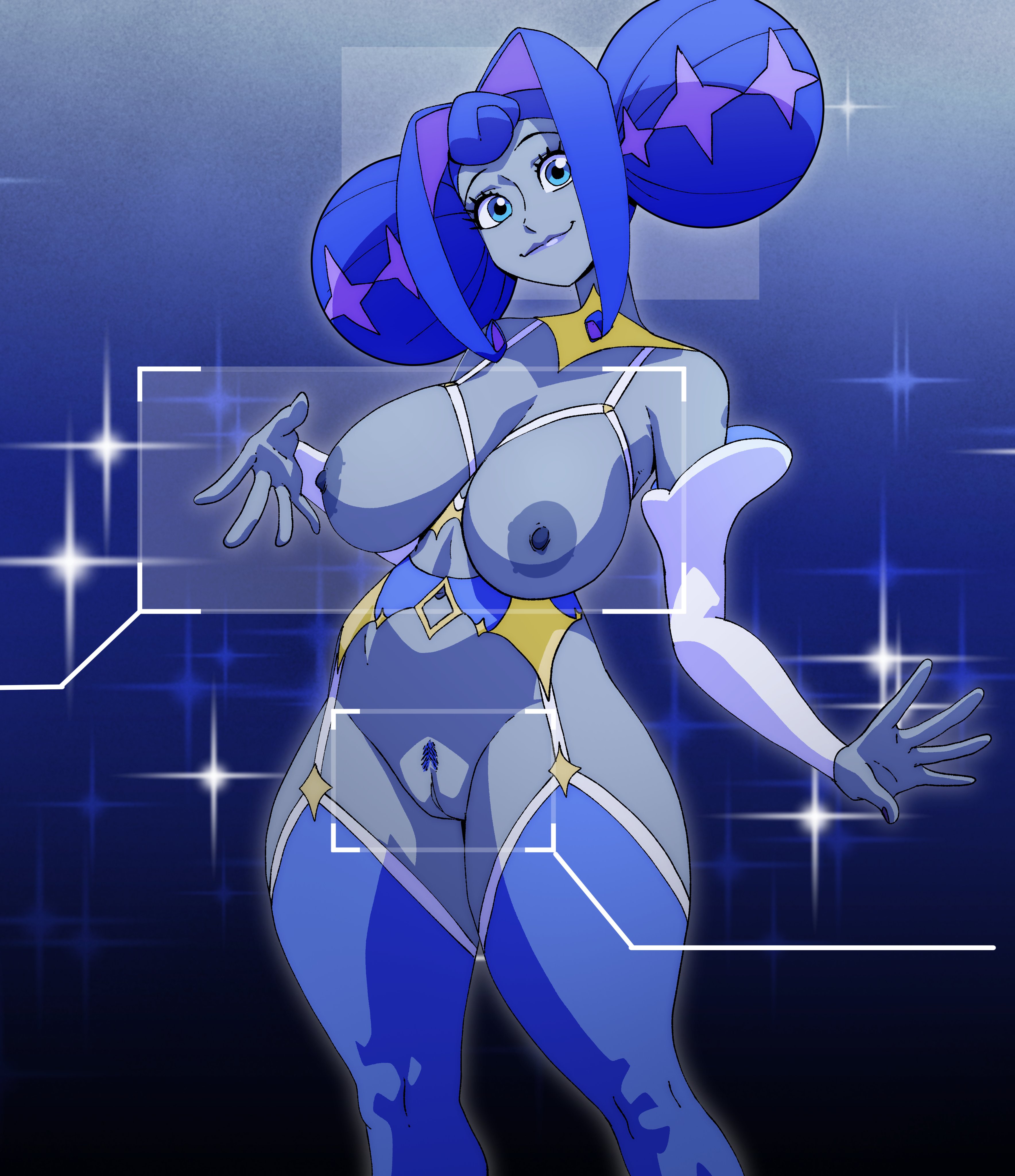 1girls, armwear, big breasts, blue hair, breastless clothes, breasts, breasts out, casual nudity, clothing, coolerinker, crotchless, dark skin, female, glitch productions, gwen (knights of guinevere), inker comics, inkershike, knights of guinevere, legwear, lingerie, looking at viewer, princess guinevere, pussy, pussy out, smile, vagina