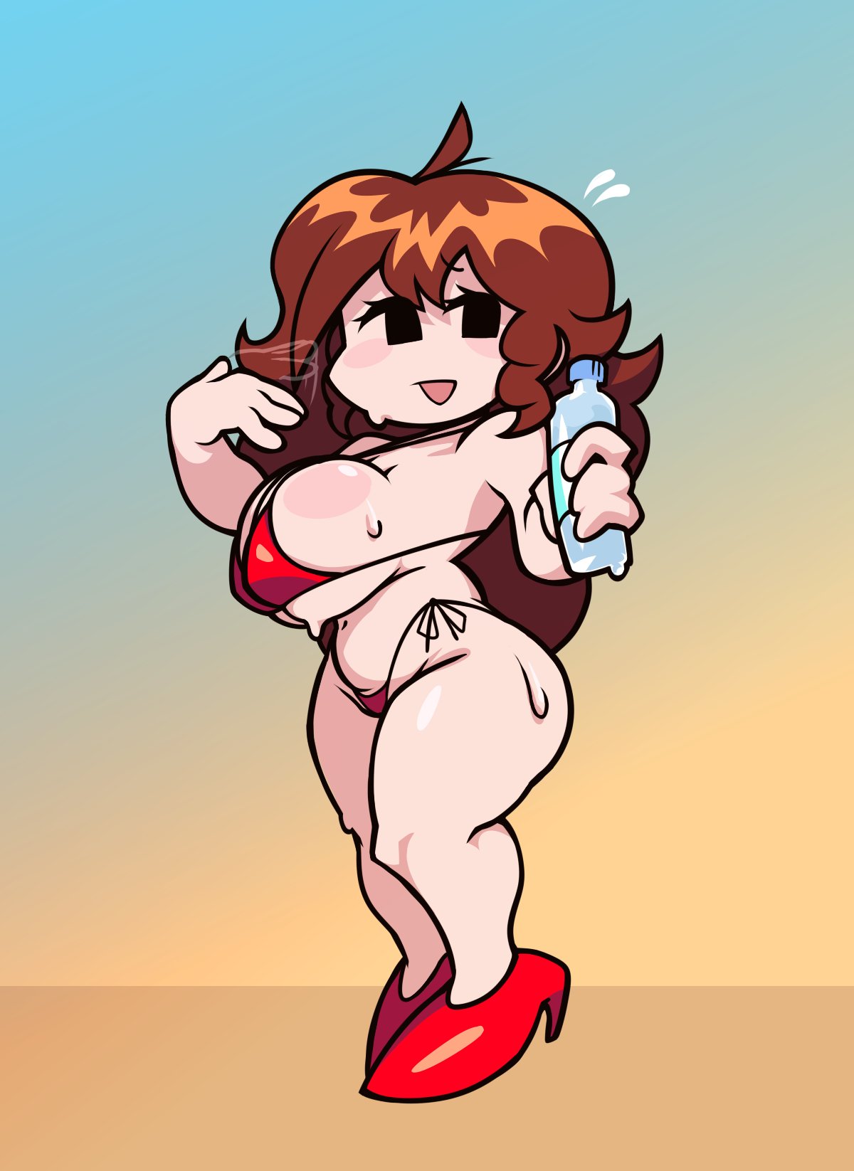  falznovaz, :d, 1girls, 2025, 2d, 2d (artwork), 2d artwork, ass, ass bigger than head, big ass, big breasts, big butt, bikini, bikini bottom, blushlegs spread, bottle, breasts, fanning self, female, female only, fnf, friday night funkin, girlfriend, girlfriend (friday night funkin), huge breasts, light skin, light-skinned female, long hair, looking at viewer, skimpy, skimpy bikini, solo, sweat, sweaty body, water bottle