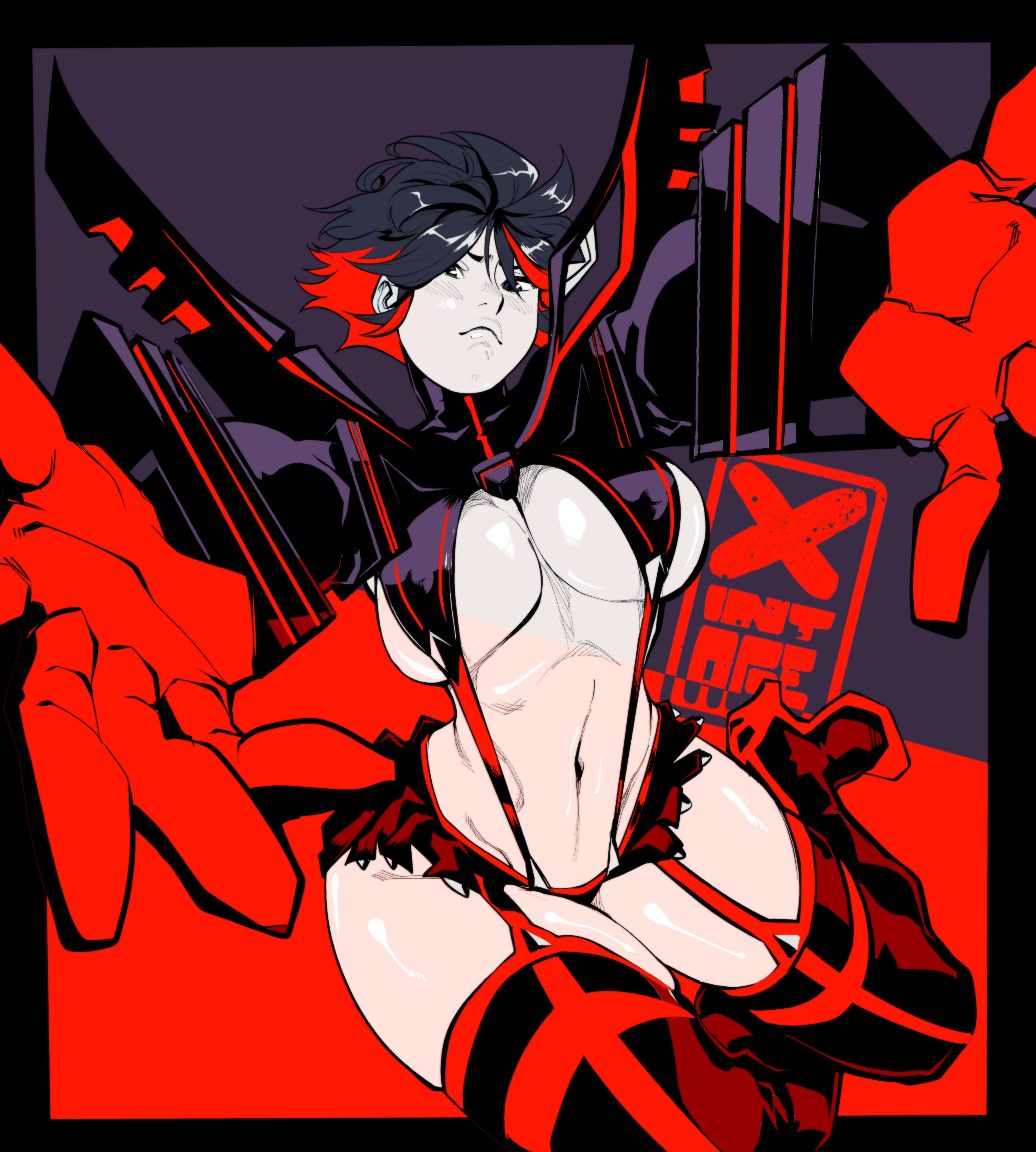 1girls, big breasts, black hair, breasts, female, kill la kill, large breasts, matoi ryuuko, my little pogchamp (meme), pogchamp, senketsu, short hair, solo, solo focus, thick thighs, thighhighs, tight clothing, x1ntage