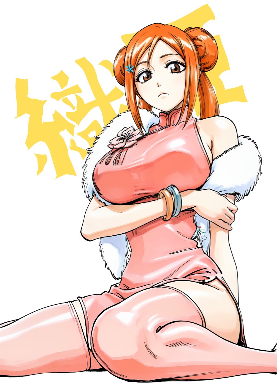1girls, ai generated, alternate costume, animerch, big breasts, bleach, bleach brave souls, breasts, busty, cheongsam, chinese clothes, curvy, female, female only, hairbun, hairbuns, inoue orihime, looking at viewer, looking down, martial arts, solo, thick thighs, thighhighs