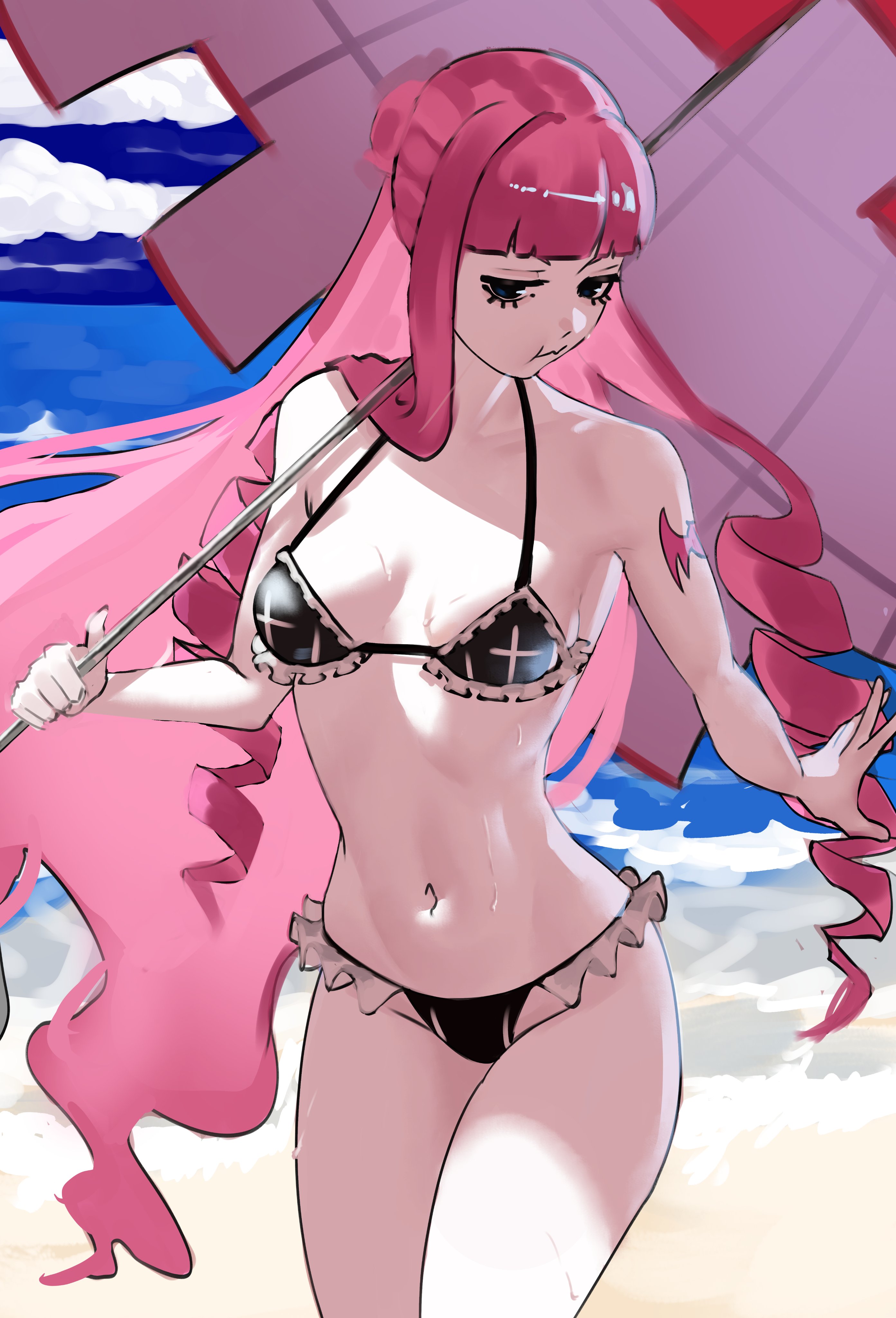 1girls, absurdres, arm tattoo, bat tattoo, beach, bikini, day, drill hair, female, female only, frilled bikini, frills, haizhefriend, highres, holding, holding umbrella, long hair, navel, ocean, one piece, outdoors, perona, pink hair, pink tattoo, pink-haired female, solid circle pupils, solo, sweat, swimsuit, tattoo, umbrella, water