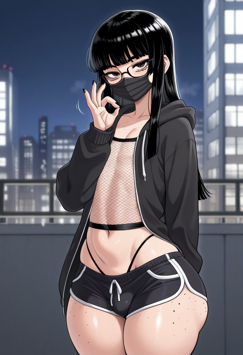 1boy, ai generated, androgynous, big ass, black hair, black-framed glasses, dolphin shorts, femboy, feminine male, fishnet topwear, freckles, girly, glasses, handjob gesture, hime cut, male, medical mask, thick thighs