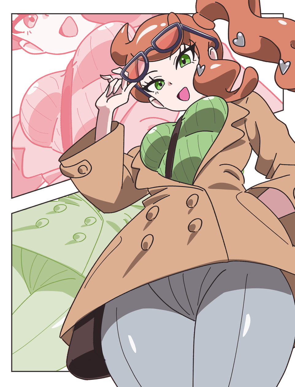 1girls, adjusting eyewear, between breasts, black-framed eyewear, breasts, brown coat, coat, denim, eyewear on head, female, female only, green eyes, green shirt, hair ornament, hand in pocket, hand up, heart, heart hair ornament, highres, jeans, kanbei (pixiv11037490), long hair, medium breasts, nintendo, open mouth, orange hair, orange-tinted eyewear, pants, pokemon, pokemon ss, ribbed shirt, shirt, side ponytail, smile, solo, sonia (pokemon), strap between breasts, sunglasses, swept bangs, tinted eyewear, v-neck, wavy hair