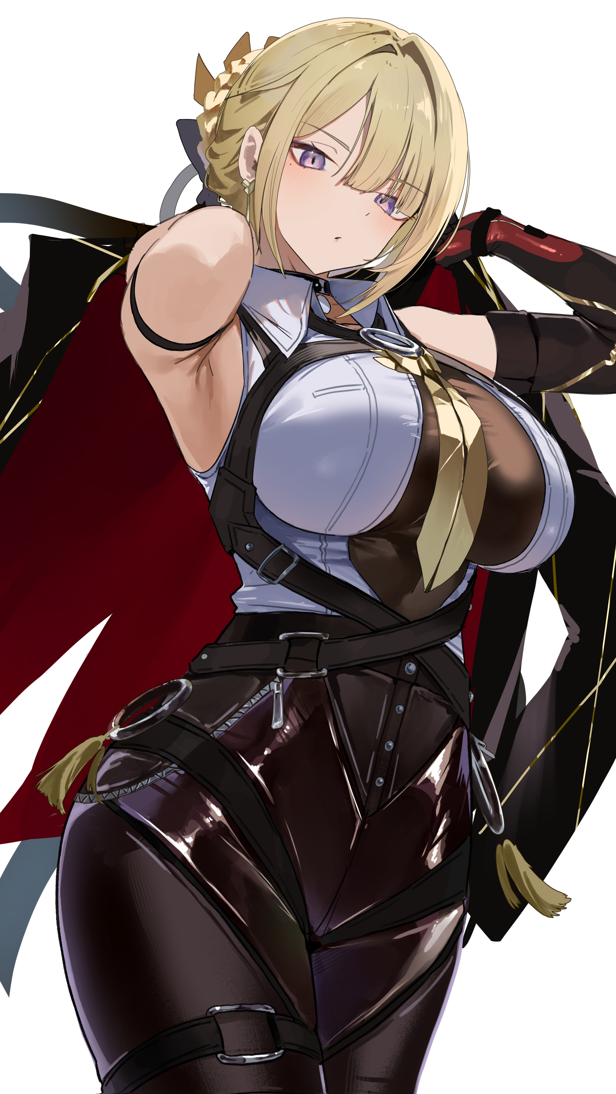 1girls, absurdres, belt, black choker, blonde hair, breasts, choker, earrings, elbow gloves, evelyn chevalier, female, female only, gloves, highres, holding, holding jacket, holding unworn clothes, jacket, jewelry, large breasts, looking at viewer, mole, mole under eye, necktie, parted lips, purple eyes, shiro marimo, simple background, single elbow glove, sleeveless, solo, suspenders, unworn jacket, white background, wing collar, yellow necktie, zenless zone zero