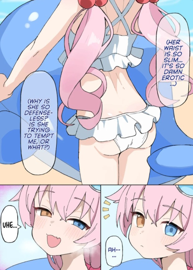 1girls, 2d, bangs, bikini, blue archive, blue eyes, blush, breasts, brown eyes, clothing, english, english text, excited, eyebrows visible through hair, eyes, female, female human, flat chest, flat chested, getting horny, hair, hair between eyes, hair ornament, head out of frame, heterochromia, hoshino (blue archive), human, legs, light skin, light-skinned female, long hair, looking at viewer, mabokani, open mouth, pink hair, revision, small breasts, smile, smiling, smiling at partner, solo focus, standing, swimsuit, teenage girl, teenager, text, torogao, translated, twintails, unknown artist, white bikini, you gonna get raped