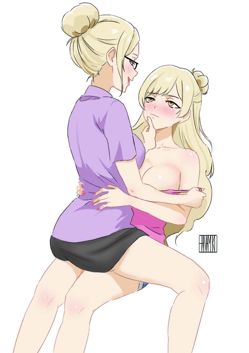 2girls, adult and teenager, adult female, alternate version at source, alternate version available, blonde female, blonde hair, class of '09, cleavage, female, glasses, hanamuko, holding chin, inminent sex, jecka (class of '09), miniskirt, ms. ames (class of '09), older female, older female and younger female, pink shirt, pink tank top, purple shirt, short jeans, strap pull, strap slip, tank top, tank top pull, tanktop, teenage female, teenager, undressing, white background, younger female, yuri