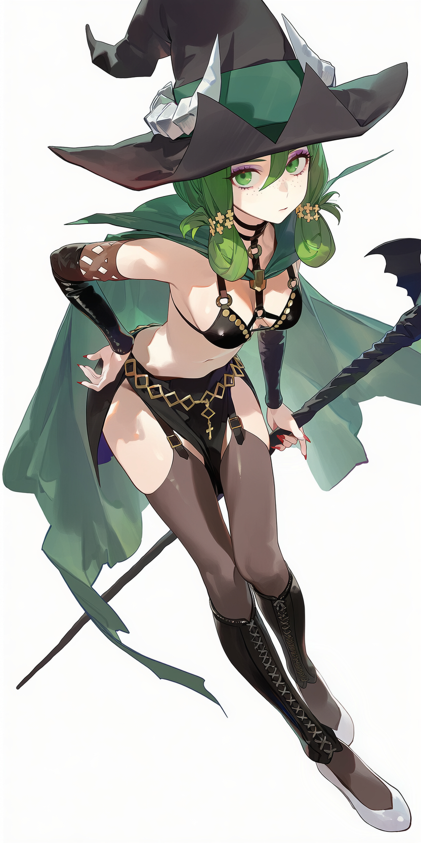 1girls, ai generated, black bra, black skirt, black thighhighs, bra, drowsy sheep, eyeshadow, female, green eyes, green hair, nail polish, purple eyeshadow, red nails, skirt, thighhighs, twin braids, unicorn overlord, witch, witch hat, yahna (unicorn overlord)