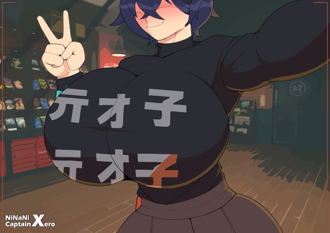 belle (zenless zone zero), big breasts, black shirt, blue hair, breasts, captainxero, covered breasts, female, female only, huge breasts, massive breasts, zenless zone zero