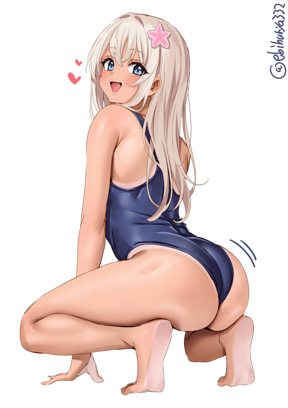 ass, back, bare legs, bare shoulders, barefoot, blonde hair, blue eyes, blush, commentary request, ebifurya, female, flower, from behind, hair flower, hair ornament, highres, kantai collection, long hair, looking at viewer, looking back, one-piece swimsuit, one-piece tan, open mouth, ro-500 (kantai collection), school swimsuit, smile, solo, swimsuit, tan, tanline, white background