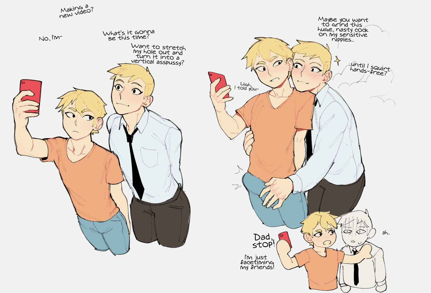 2boys, 2d, 2d (artwork), age difference, big penis, blonde hair, blush, blushing, cheesecrumbles, dad (cheesecrumbles), dilf, dirty talk, erection, erection under clothes, father and son, fully clothed, gay, groping, groping penis, horny, horny male, incest, incest (lore), incestuous desire, intimacy, large penis, male, male only, no sex, parent and child, penis, phone, son (cheesecrumbles), tagme, touching penis, wanting sex, yaoi
