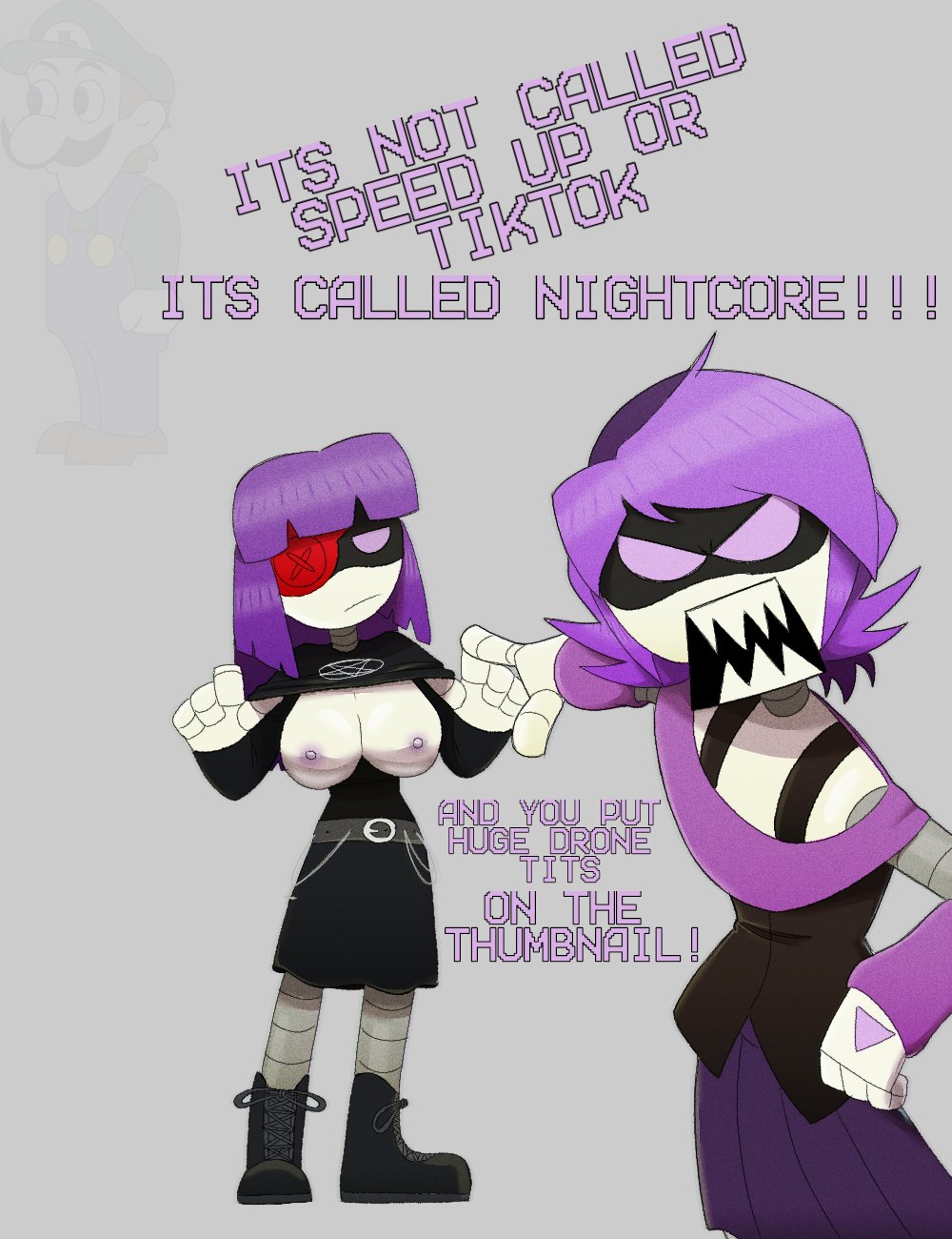 2girls, abrahamslapper, angry face, big breasts, breasts, doll (murder drones), female, female only, glitch productions, goth, murder drones, robot, robot girl, uzi (murder drones), weegee, white body, worker drone