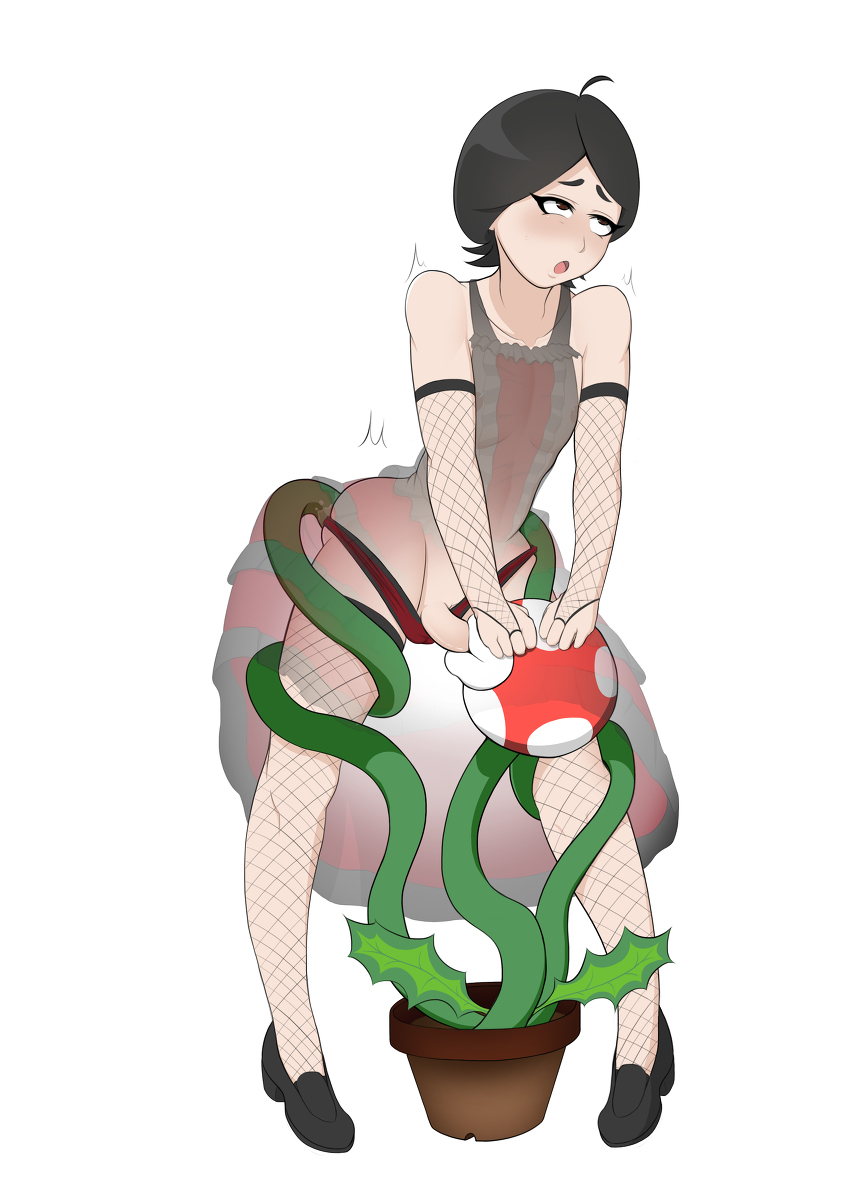 anal, anal sex, black hair, deadslot4, dress, fishnet gloves, fishnet stockings, male, mario (series), nintendo, oral, original character, panties, piranha plant, skylar ross, transparent clothing, trap, white background