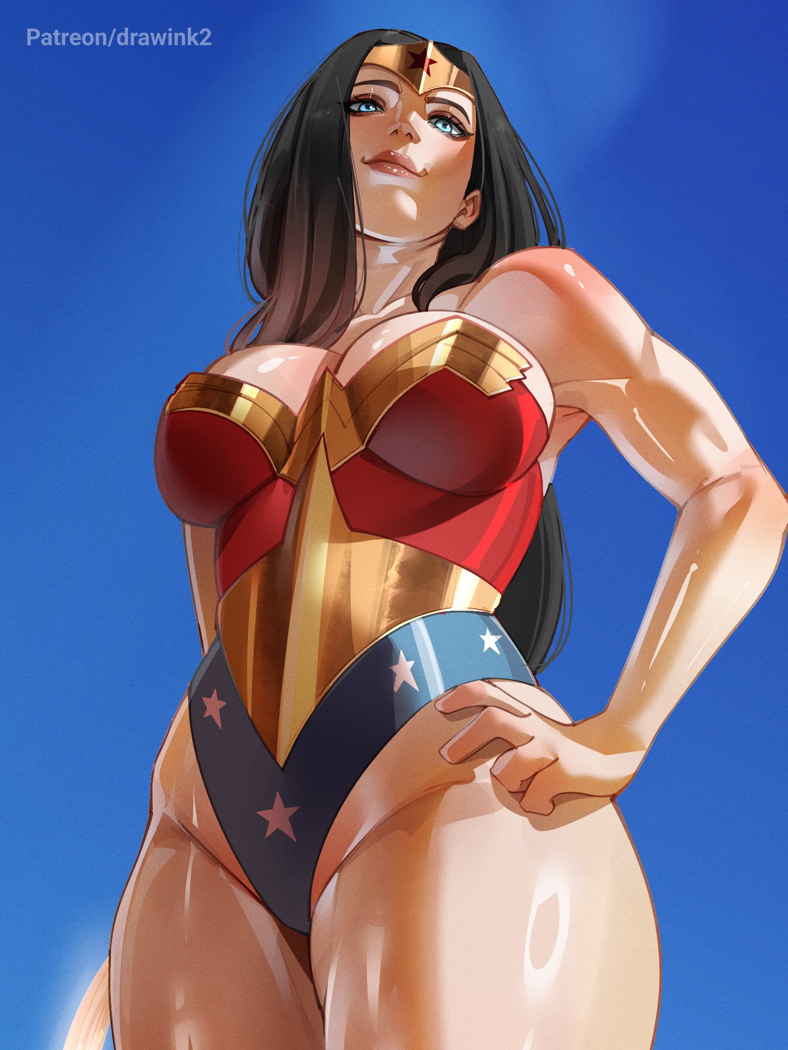 1girls, breasts, dc, dc comics, diana prince, drawink, female, female focus, female only, large breasts, light skin, light-skinned female, looking at viewer, solo, thick thighs, thighs, wide hips, wonder woman, wonder woman (series)