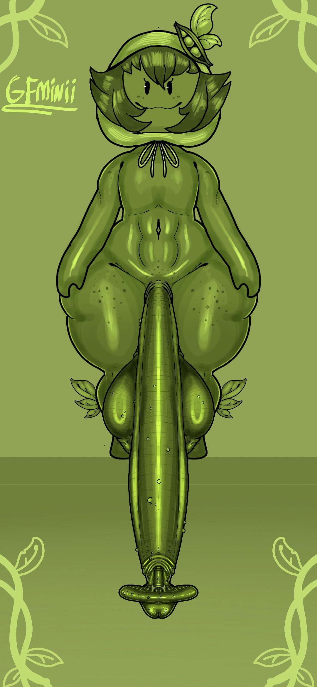 1boy, alternate version available, balls, big balls, big penis, character sheet, curvaceous, curvy, curvy figure, darkdoom, erection, femboy, flora fauna, front view, gemini (darkdoom), girly, green background, green hair, hood, hoodie only, huge balls, huge cock, hung trap, hyper penis, long penis, low hanging balls, male, male only, nude, pea pod, penis, shorts, shortstack femboy, small but hung, solo, solo male, thick thighs, voluptuous, voluptuous male, wide hips