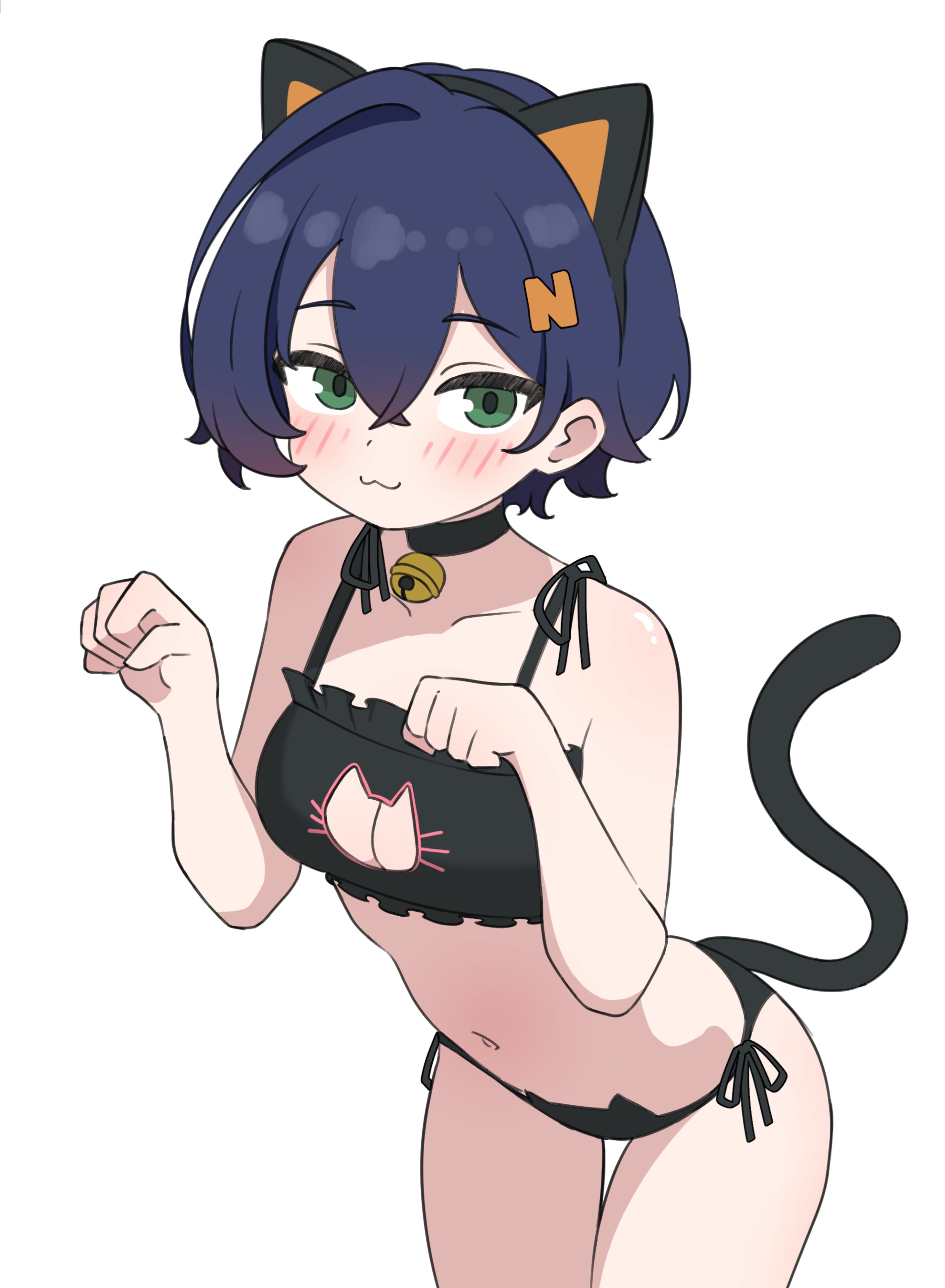 1girls, adorable, arutemisu180, bell collar, belle (zenless zone zero), blue hair, blush, blush lines, breasts, cat ears, cat girl, cat lingerie, cat tail, catgirl, collar, cute, fake animal ears, female, female only, green eyes, hair, hair ornament, letter hair ornament, lingerie only, looking at viewer, medium breasts, short hair, solid color background, white background, zenless zone zero