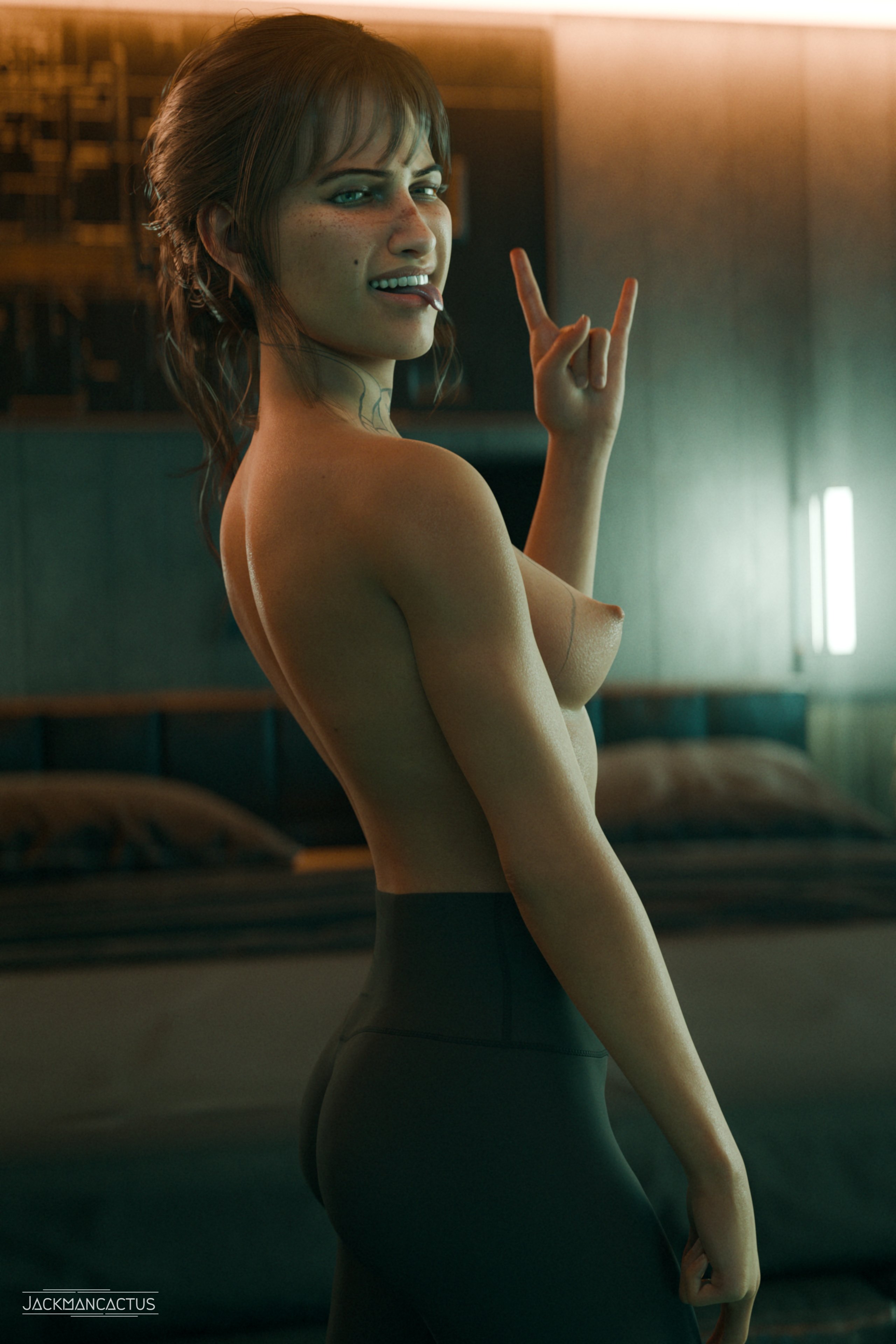 1girls, 3d, ass, back view, bed, bedroom, breasts, brown hair, bubble butt, clair obscur: expedition 33, clothing, female, female only, freckles, french female, green eyes, indoors, jackmancactus, leggings, light skin, light-skinned female, looking at viewer, looking back, nipples, open mouth, pants, partially clothed, scar, sciel (clair obscur expedition 33), solo, solo female, standing, tongue out