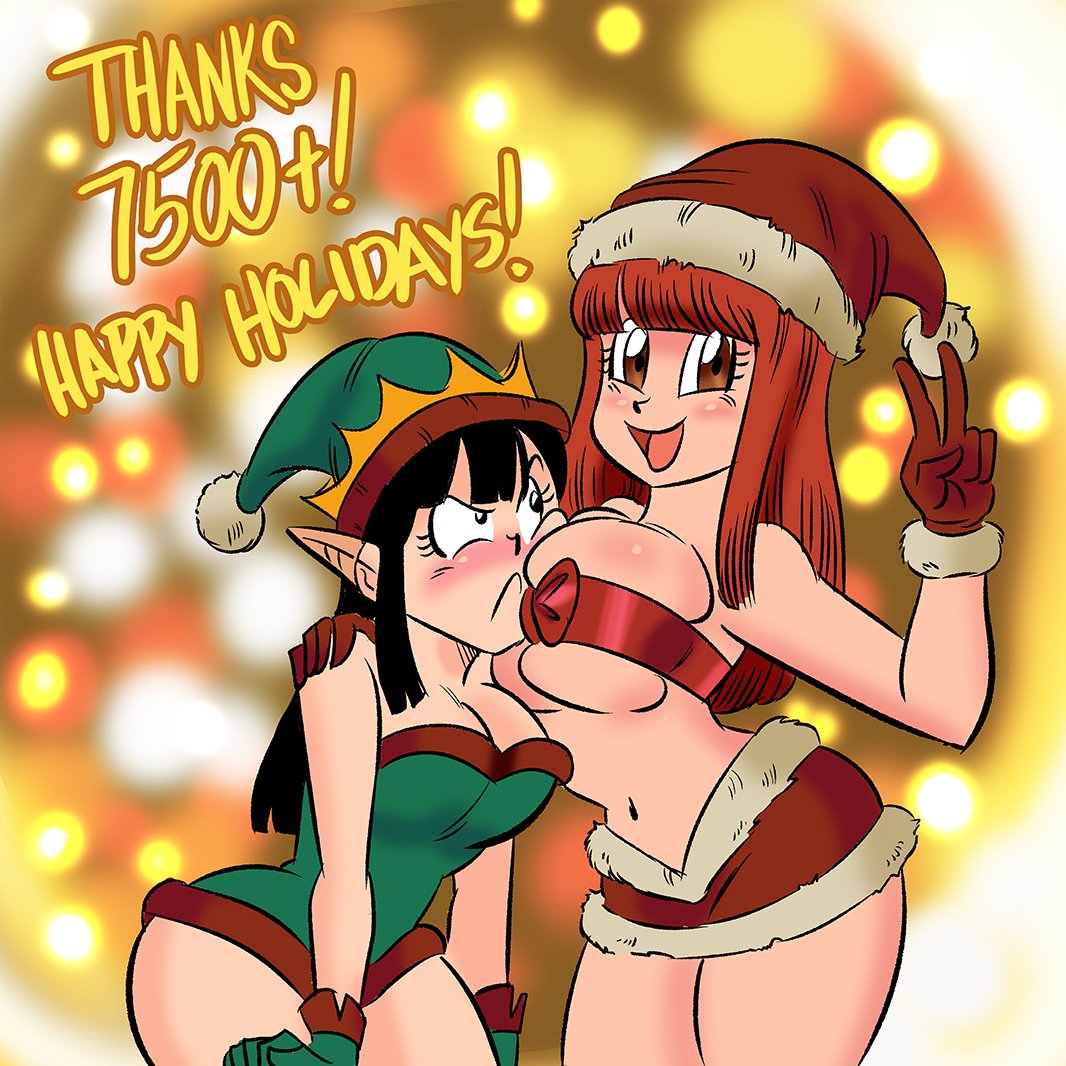 2girls belly_button black_eyes black_hair blush breasts chichi christmas christmas_hat christmas_outfit closed_mouth clothed clothing dragon_ball dragon_ball_(classic) dress_up elf_hat elf_outfit funsexydragonball hat holidays huge_breasts long_hair multiple_girls open_mouth peace_sign pointy_ears red_eyes red_hair stomach suno tongue unhappy