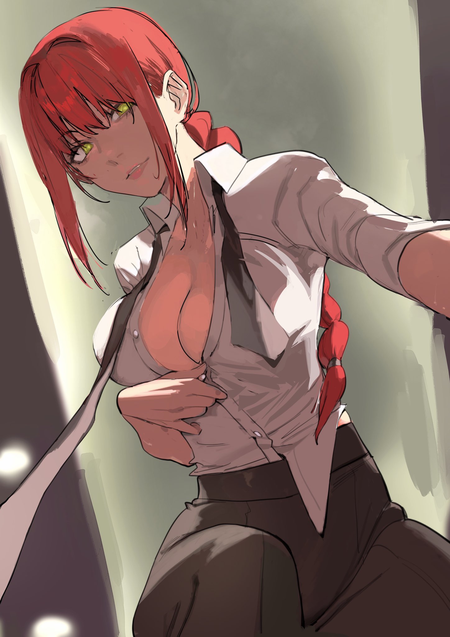 1girls, bangs, big breasts, black neckwear, black pants, braid, braided ponytail, breasts, business suit, chainsaw man, chilicayenne2d, cleavage, collarbone, collared shirt, female, female only, formal, looking at viewer, makima (chainsaw man), necktie, neckwear, office lady, open mouth, pants, pov, red hair, ringed eyes, shirt, shirt tucked in, smile, solo, suit, white shirt, yellow eyes