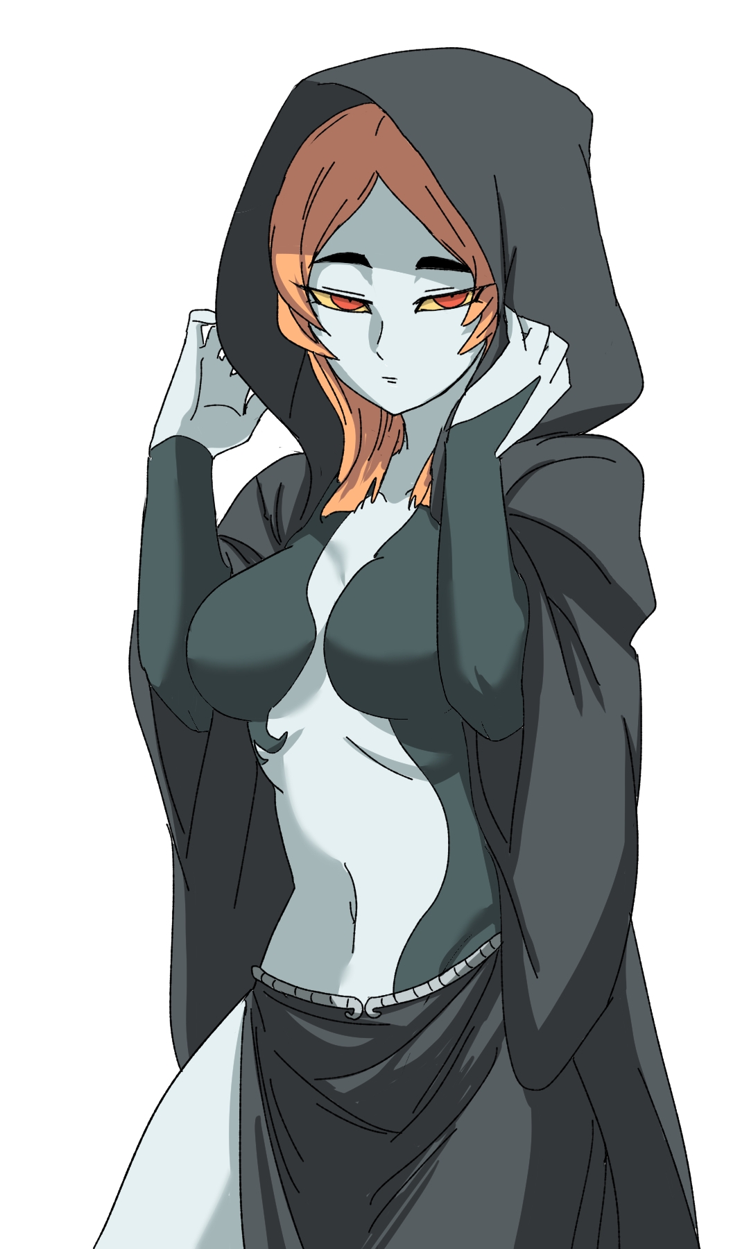 1girls, big breasts, breasts, female, female only, hood up, ilo a5, midna, navel, nintendo, pale skin, red eyes, red hair, solo, the legend of zelda, twili midna, twilight princess