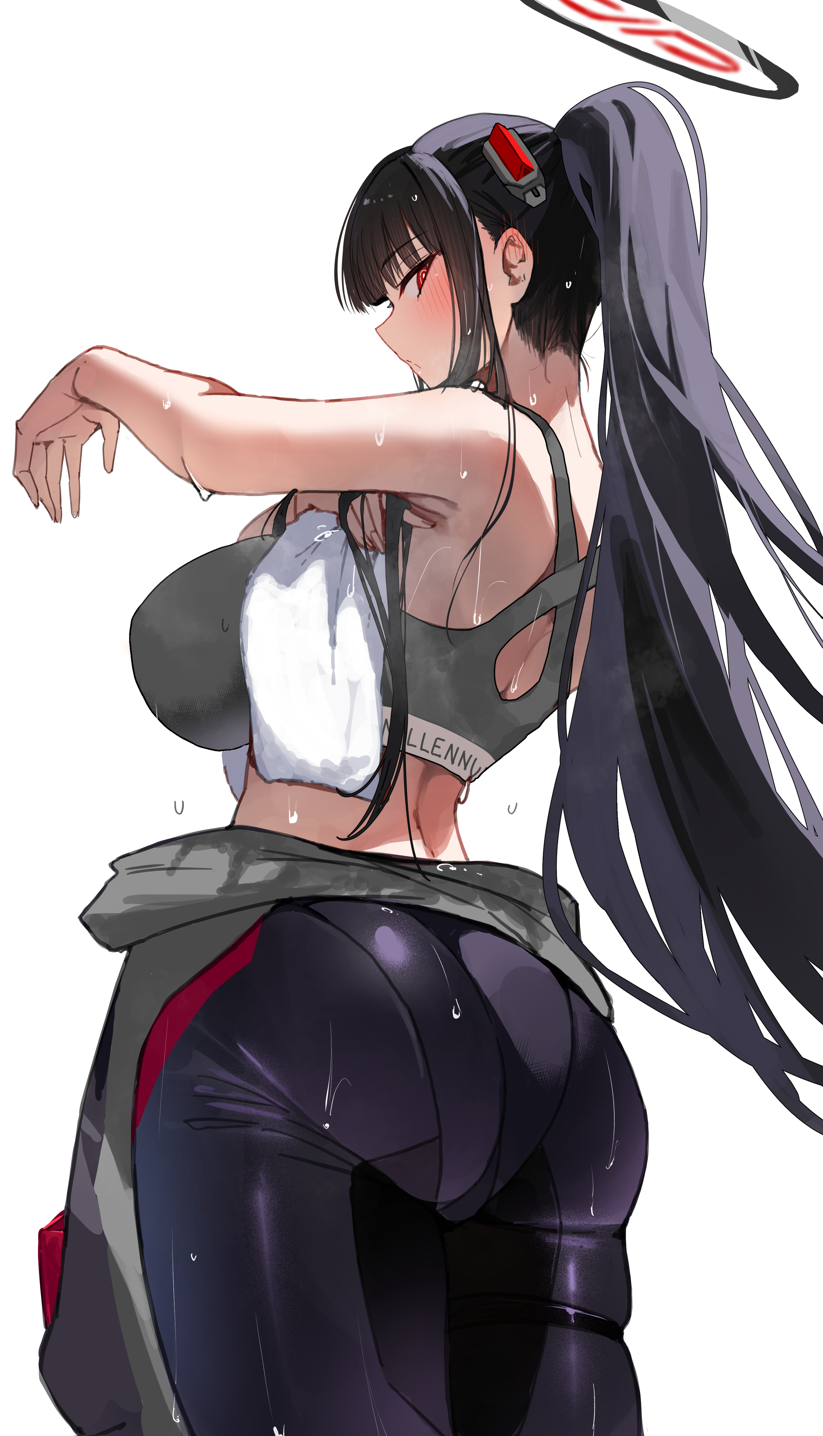 1girls, absurdres, black bodysuit, black hair, blue archive, blush, bodysuit, female, female only, from behind, grey sports bra, highres, holding, holding towel, looking at viewer, official alternate costume, official alternate hairstyle, parted lips, partially undressed, ponytail, rio (armed) (blue archive), rio (blue archive), shiro marimo, sidelocks, solo, sports bra, sweat, towel, wiping sweat