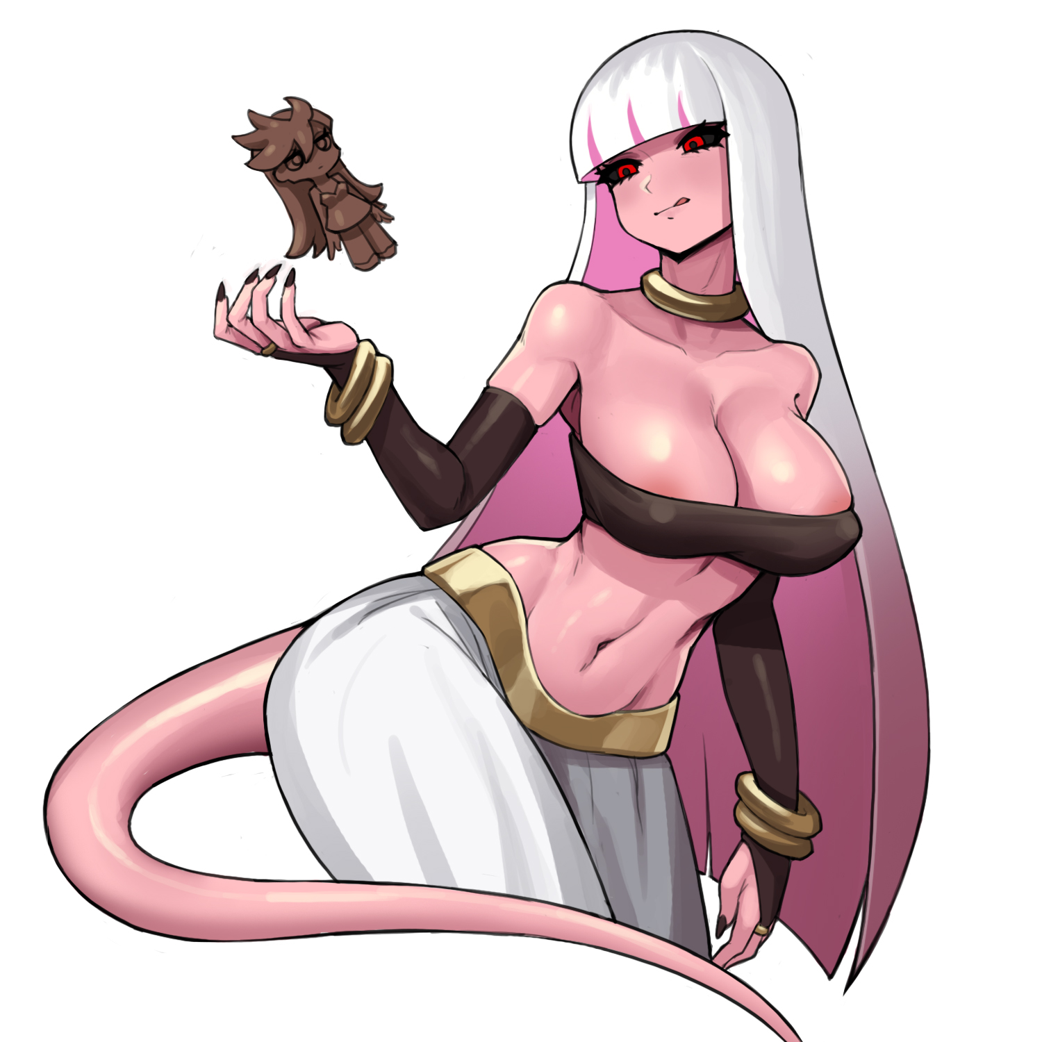 :q, 1girls, android 21, areola slip, black nails, black sclera, blunt bangs, bracelet, breasts, bridal gauntlets, chocolate, cleavage, collarbone, colored inner hair, colored sclera, colored skin, commentary, cosplay, covered nipples, crop top, cropped legs, curvy, donburi (donburikazoku), donburikazoku, dragon ball, dragon ball fighterz, elbow gloves, english commentary, female, fingernails, fusion, gloves, harem pants, highres, hime cut, jewelry, large breasts, licking lips, long hair, majin android 21, majin android 21 (cosplay), multicolored hair, navel, pants, panty (psg), panty & stocking with garterbelt, panty anarchy, photoshop (medium), pink hair, pink skin, red eyes, sharp fingernails, simple background, solo, stocking (psg), stocking anarchy, stomach, tagme, tail, thick thighs, thighs, toned, tongue, tongue out, two-tone hair, very long hair, white background, white hair