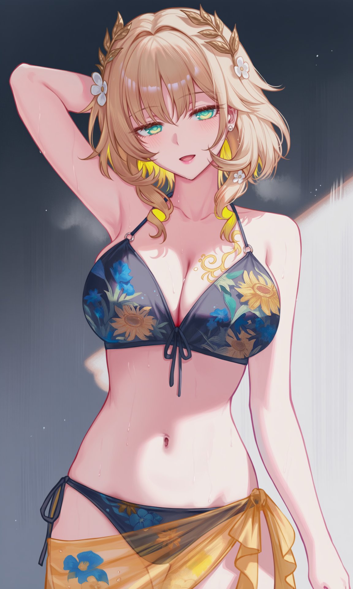 1girls, aglaea (honkai: star rail), ai assisted, ai generated, armpits, black swimsuit, blonde female, blonde hair, breasts, female, green eyes, honkai: star rail, hoyoverse, mihoyo, short hair, swimsuit