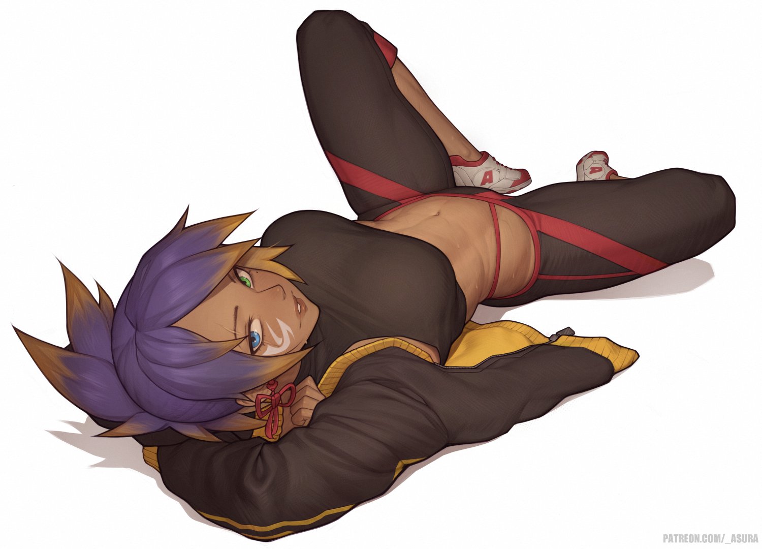 abs, arms behind head, asura (artist), asura (asurauser), black pants, blue eyes, breasts, brown hair, brown lips, colored tips, commentary, commission, crop top, dark skin, dark-skinned female, earrings, english commentary, facial tattoo, female, final fantasy, final fantasy xiv, folded ponytail, green eyes, heterochromia, jacket, jewelry, large breasts, looking at viewer, lying, midriff, multicolored hair, navel, on back, open clothes, open jacket, paid reward available, pants, purple hair, scar, scar across eye, scar on face, shoes, short hair, sneakers, solo, tattoo, thick thighs, thighs, toned, track jacket, upside-down, warrior of light (ff14), white shoes