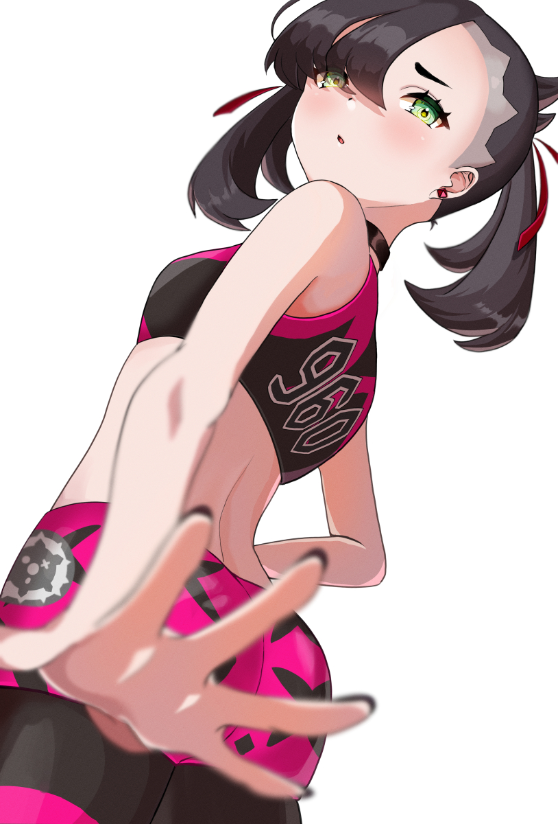 ass, asymmetrical bangs, back, bare shoulders, black choker, black hair, black nails, blurry, breasts, choker, commentary, depth of field, earrings, female, female only, from below, from side, green eyes, highres, jewelry, looking at viewer, marnie (pokemon), midriff, nail polish, nintendo, numbered, official alternate costume, open hand, outstretched hand, parted lips, pokemon, pokemon swsh, setta shu, simple background, small breasts, solo, sports bra, stud earrings, twintails, white background