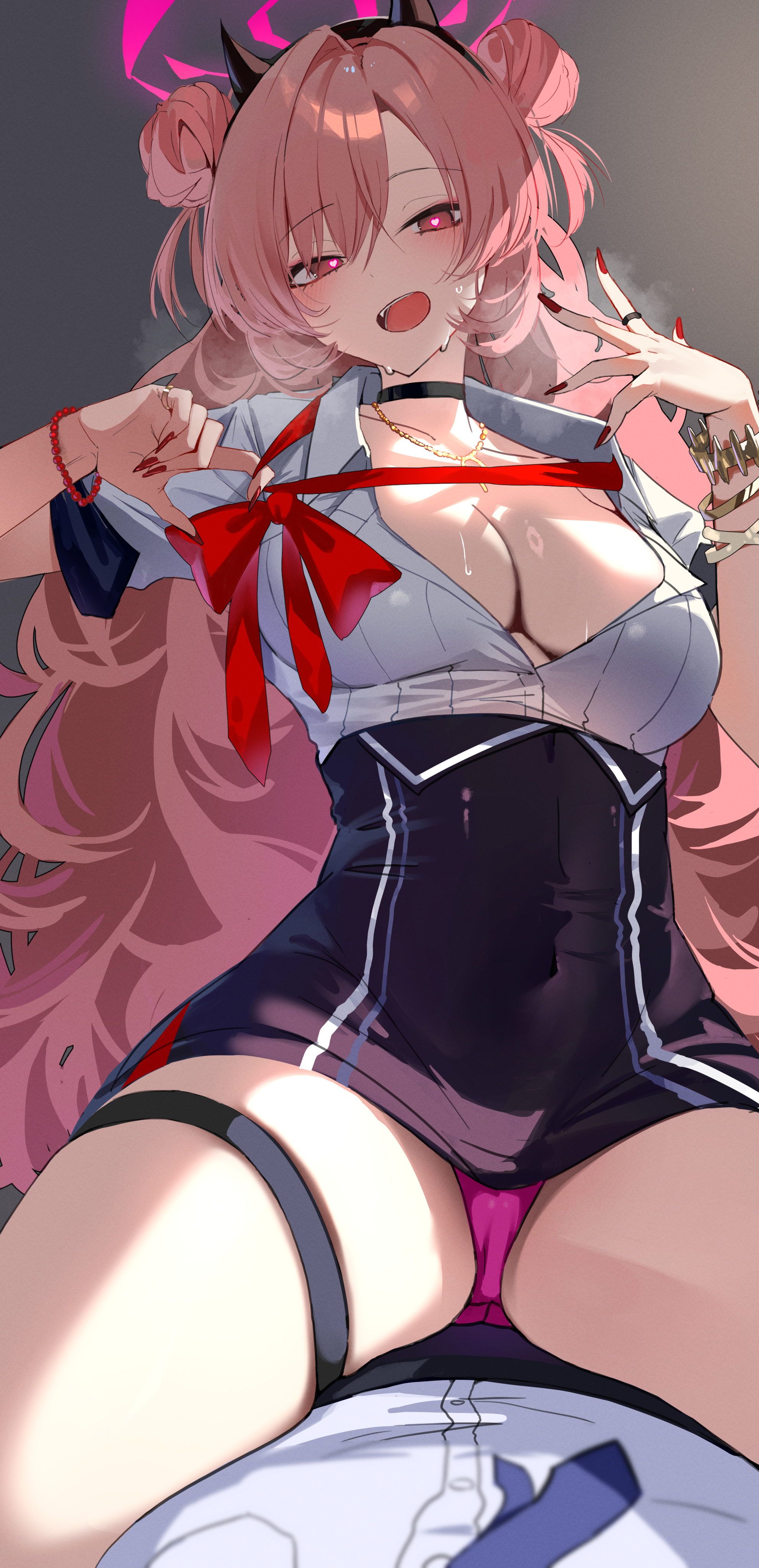 1boy, 1girls, absurdres, black choker, black skirt, blue archive, blush, breasts, buttons, choker, collarbone, collared shirt, cowgirl position, double bun, fake horns, female, fingernails, hair bun, halo, heart, heart-shaped pupils, highres, horns, jewelry, kirara (blue archive), large breasts, long fingernails, long hair, looking at viewer, male, nail polish, necklace, open mouth, panties, pink eyes, pink hair, pink halo, pink panties, red nails, shiro marimo, shirt, skirt, smile, symbol-shaped pupils, thigh strap, underwear, white shirt