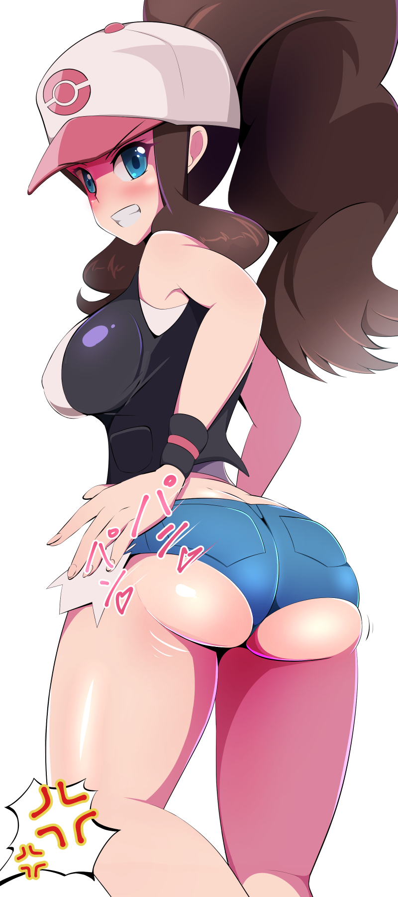 1girls, ass, ass focus, ass hanging out of shorts, blue eyes, breasts, brown hair, female, female only, game freak, halubato, harubato, highres, hilda (pokemon), huge ass, medium breasts, nintendo, pokemon, pokemon bw, ponytail, short shorts, shorts, solo