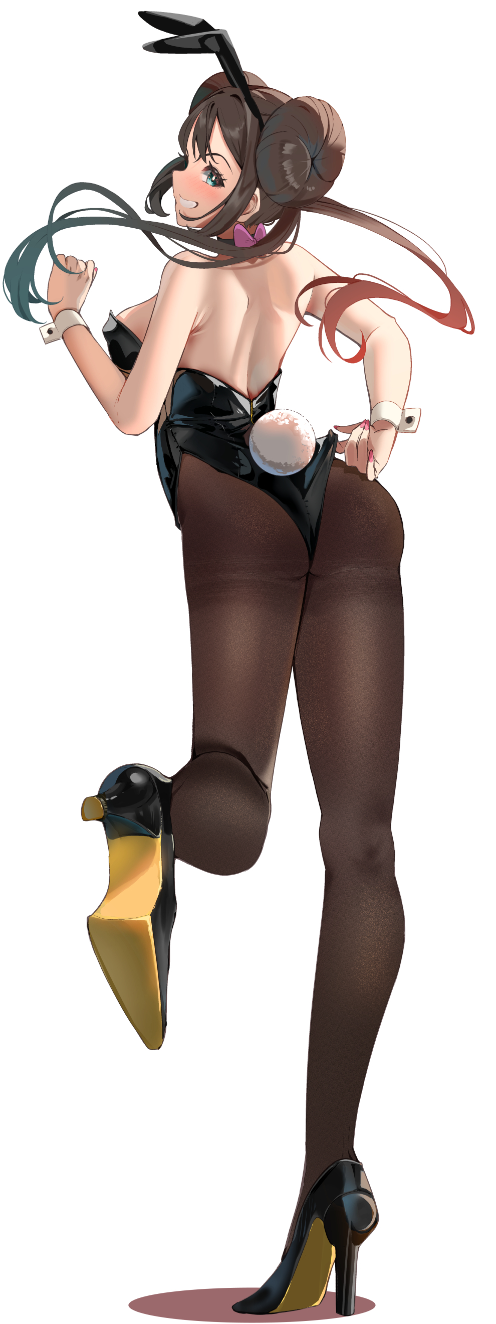 1girls, absurdres, adjusting clothes, adjusting leotard, alternate costume, animal ear hairband, animal ears, ass, back, backless leotard, black boots, black leotard, blue eyes, boots, breasts, brown hair, brown pantyhose, bunny ears, bunnysuit, commentary request, donut hair bun, double bun, eyelashes, fake animal ears, fake tail, female, female only, from behind, full body, grin, hair bun, hairband, hand up, high heels, highres, large breasts, leg up, leotard, long hair, looking at viewer, looking back, mei (pokemon), momdy (talesshinja), nintendo, open mouth, pantyhose, pokemon, pokemon bw2, rabbit ears, rabbit tail, rosa (pokemon), sideboob, smile, solo, standing, standing on one leg, tail, white wrist cuffs, wrist cuffs