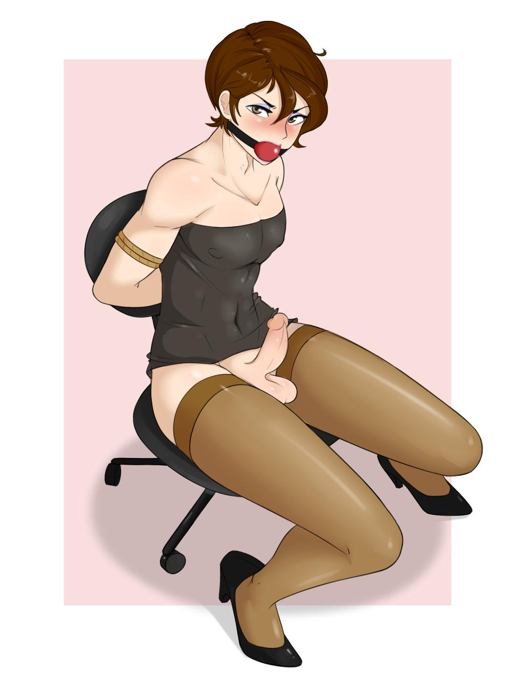 1boy, androgynous, ball gag, balls, bdsm, bimbo, black dress, black heels, bondage, crossdressing, erection, eyeshadow, femboy, gag, girly, high heels, lipstick, makeup, male, male only, malesub, penis, restrained, sealguy, simple background, sitting, small penis, solo, testicles, thighhighs, trap