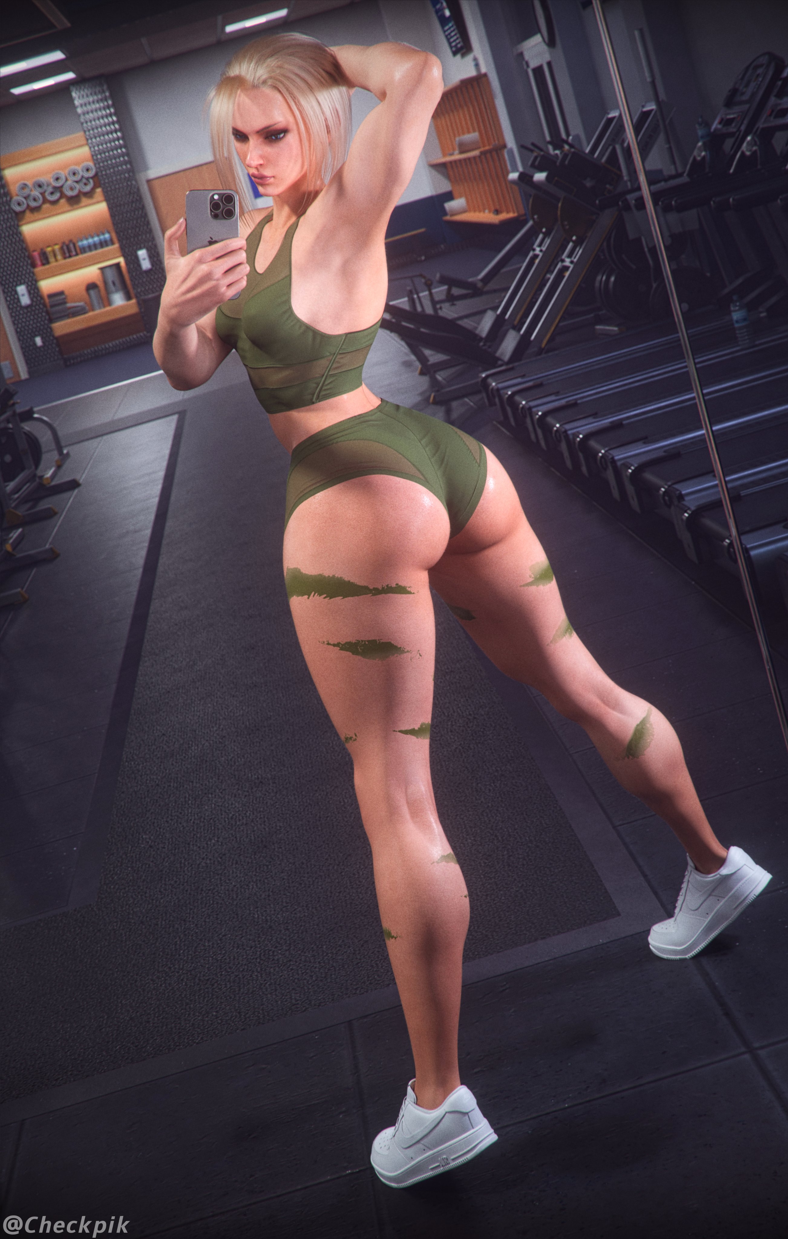 1girls, 3d, ass, blonde hair, blue eyes, bubble butt, butt, cammy white, capcom, checkpik, female, female only, fit female, fully clothed, gym, gym clothes, holding phone, mirror selfie, revealing clothes, selfie, short hair, solo, street fighter, street fighter 6