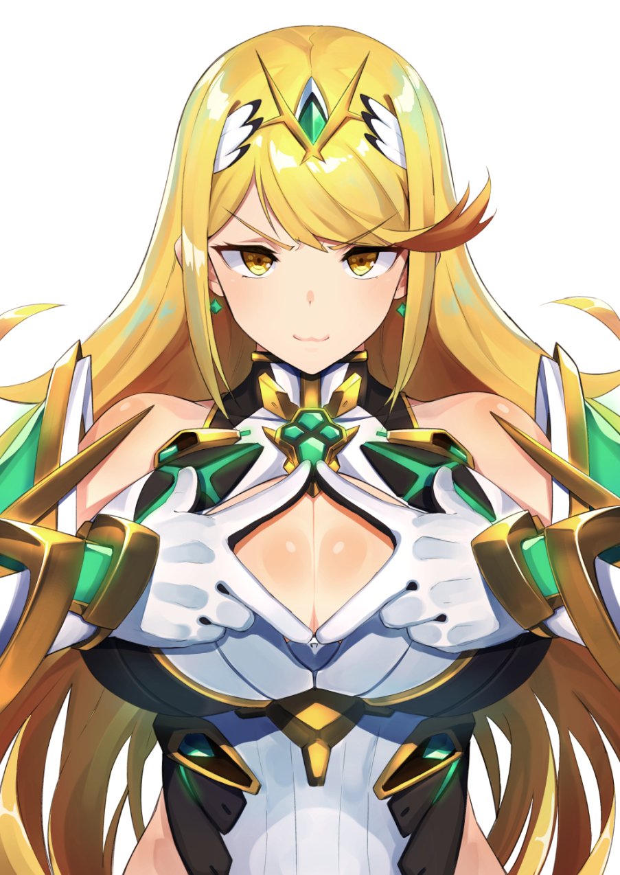:3, blonde hair, breasts, brown eyes, cleavage cutout, earrings, female, gloves, highres, jewelry, large breasts, long hair, looking at viewer, mythra (xenoblade), nintendo, nuezou, simple background, smile, solo, source request, tiara, upper body, very long hair, white background, white gloves, xenoblade (series), xenoblade chronicles 2, yellow eyes