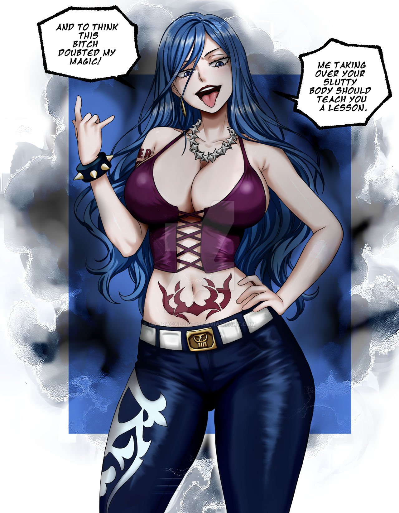 1girls, arm tattoo, bare arms, bare shoulders, bbw, belly tattoo, belt, big breasts, bimbo, blue eyes, blue hair, blue-haired female, body tattoo, bracelet, breasts, busty, cleavage, corruption, crop top, cuffs, cuffs (clothing), dialogue, ear piercing, earrings, emo, emo girl, english text, eyelashes, fairy tail, female, female focus, female only, front view, goth, goth girl, hand on hip, hi res, high resolution, highres, hips, hourglass figure, inner sideboob, jeans, jewelry, juvia lockser, large breasts, light skin, light-skinned female, lips, lipstick, looking down, makeup, necklace, pale skin, pale-skinned female, pinup, possessed, possession, punk, punk girl, purple lips, purple lipstick, rock of succubus, sideboob, skimpy, skimpy clothes, sleeveless, solo, solo female, solo focus, speech bubble, spiked bracelet, streetwear, tattoo, text, thick thighs, thighs, tongue, tongue out, tramp stamp, umbracallistis, very high resolution, wavy hair, wide hips