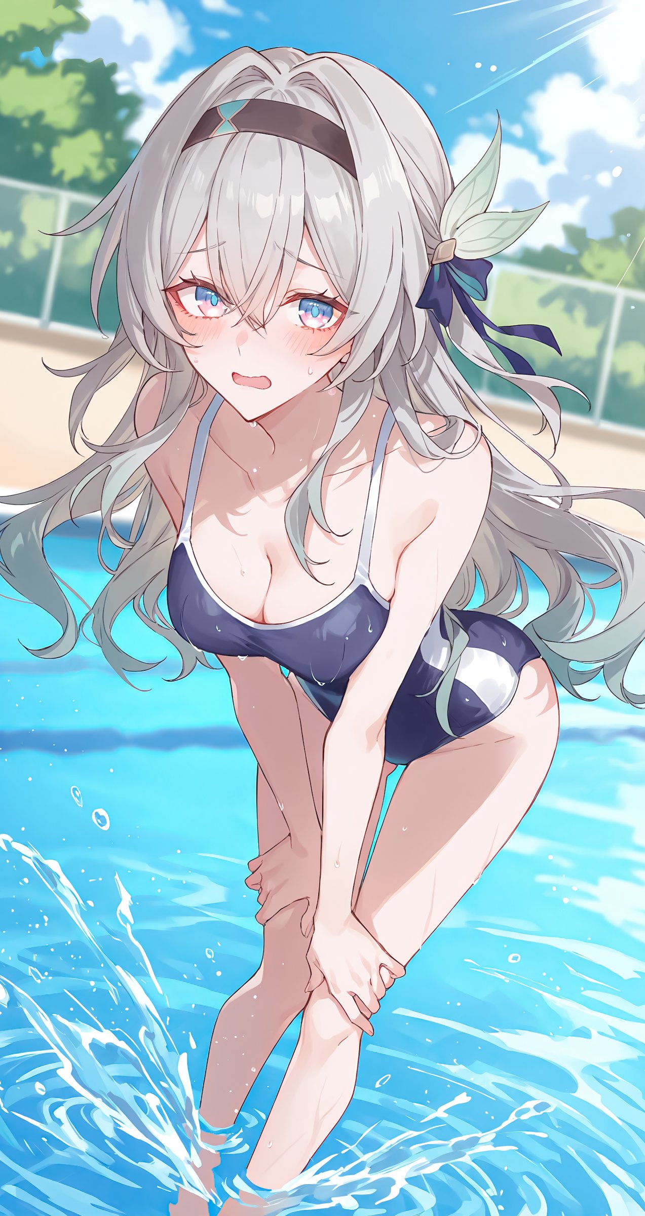breasts, female, firefly (honkai: star rail), honkai: star rail, hoyoverse, long hair, mihoyo, multicolored eyes, multicolored hair, pool, swimwear, taneseed fun, water, wet
