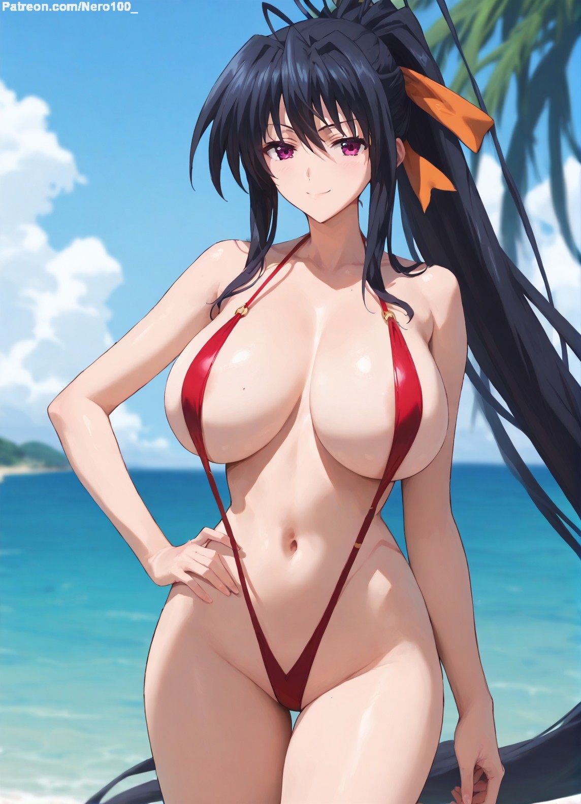 1girls, 2d, ai generated, akeno himejima, areolae, armpit, bare arms, big breasts, bikini, bikini bottom, bikini top, black hair, breasts, chest, curvy, curvy figure, cute, cute face, dark hair, detailed, eyelashes, eyeshadow, female, female only, fit, fit female, focus, hair, high quality, high school dxd, hip, huge breasts, large breasts, legs, light skin, light-skinned female, lips, lipstick, long hair, looking at viewer, makeup, mascara, outdoors, outside, pale skin, pale-skinned female, ponytail, posing, seductive, seductive look, solo, stable diffusion, swimsuit, swimwear, tagme, teenage female, teenager, thick thighs, thighs, thin waist, wide hips