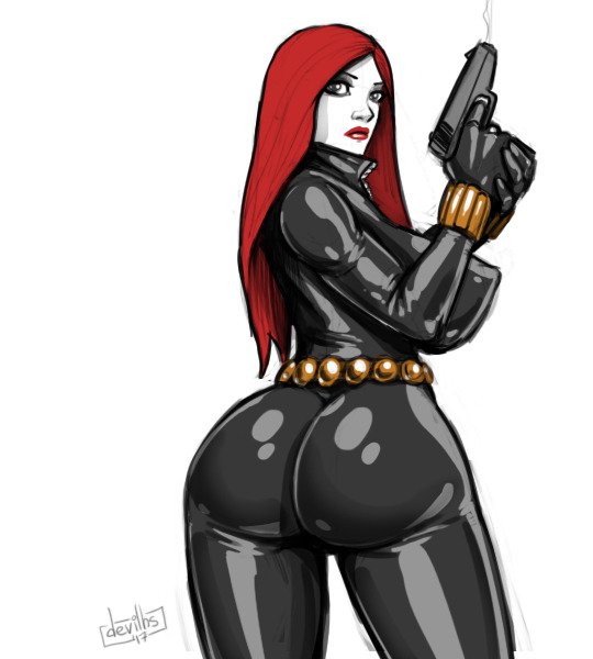 1girls, ass, big ass, big breasts, big butt, black widow (marvel), breasts, busty, catsuit, devil hs, female, female only, gun, long hair, marvel, marvel comics, natasha romanoff, red hair, redhead, solo, tight clothes, tight clothing, wide hips