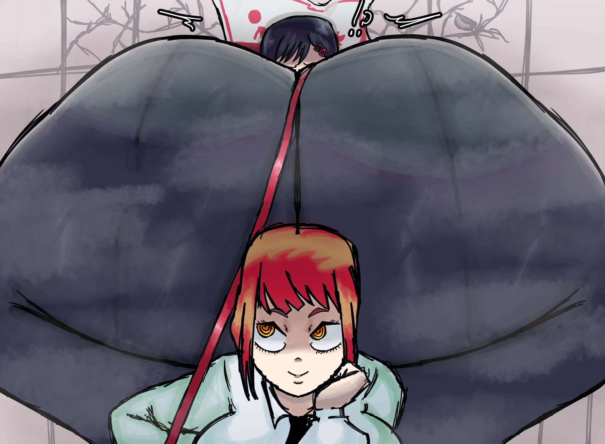 !?, 2025, 2girls, against wall, ass, ass body, black hair, black hair female, bottom heavy, breasts, chainsaw man, clothed, clothed female, facesitting, fat ass, female, female only, female/female, front facing with ass, gigantic ass, higashiyama kobeni, huge ass, hyper ass, imminent fart, implied fart, kobeni higashiyama, leash, leashed, leashed female, light skin, light-skinned female, lolbear 9, makima (chainsaw man), makima fart inflation, meat wall (body type), meme, red hair, red hair female, redhead, redhead female, thick thighs, wide hips, yellow eyes, yellow eyes female