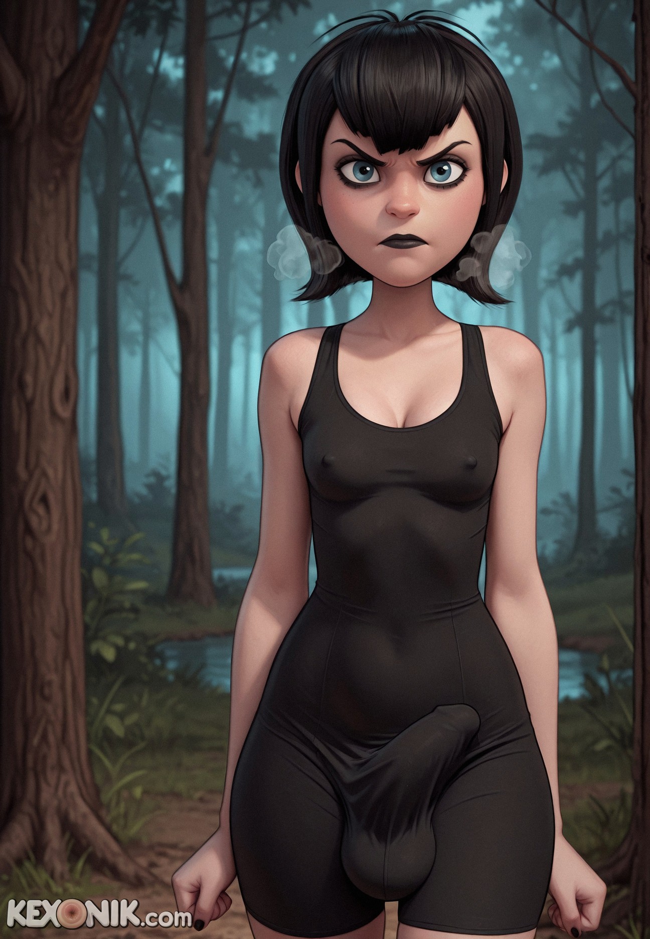 1futa, abs, ai generated, angry, balls, bent, black hair, black lipstick, blue eyes, breasts, breasts squeezed together, bursting breasts, cleavage, closed mouth, clothed, covered abs, covered breasts, covered nipples, dickgirl, erection under clothes, flaccid, futa only, futanari, heavy breathing, hotel transylvania, huge ass, intersex, kexonik, looking at viewer, mavis dracula, petite, petite body, revealing clothes, sagging breasts, scrotum, short hair, skinny, slim, small breasts, solo, swimsuit, vampire, wide hips, young