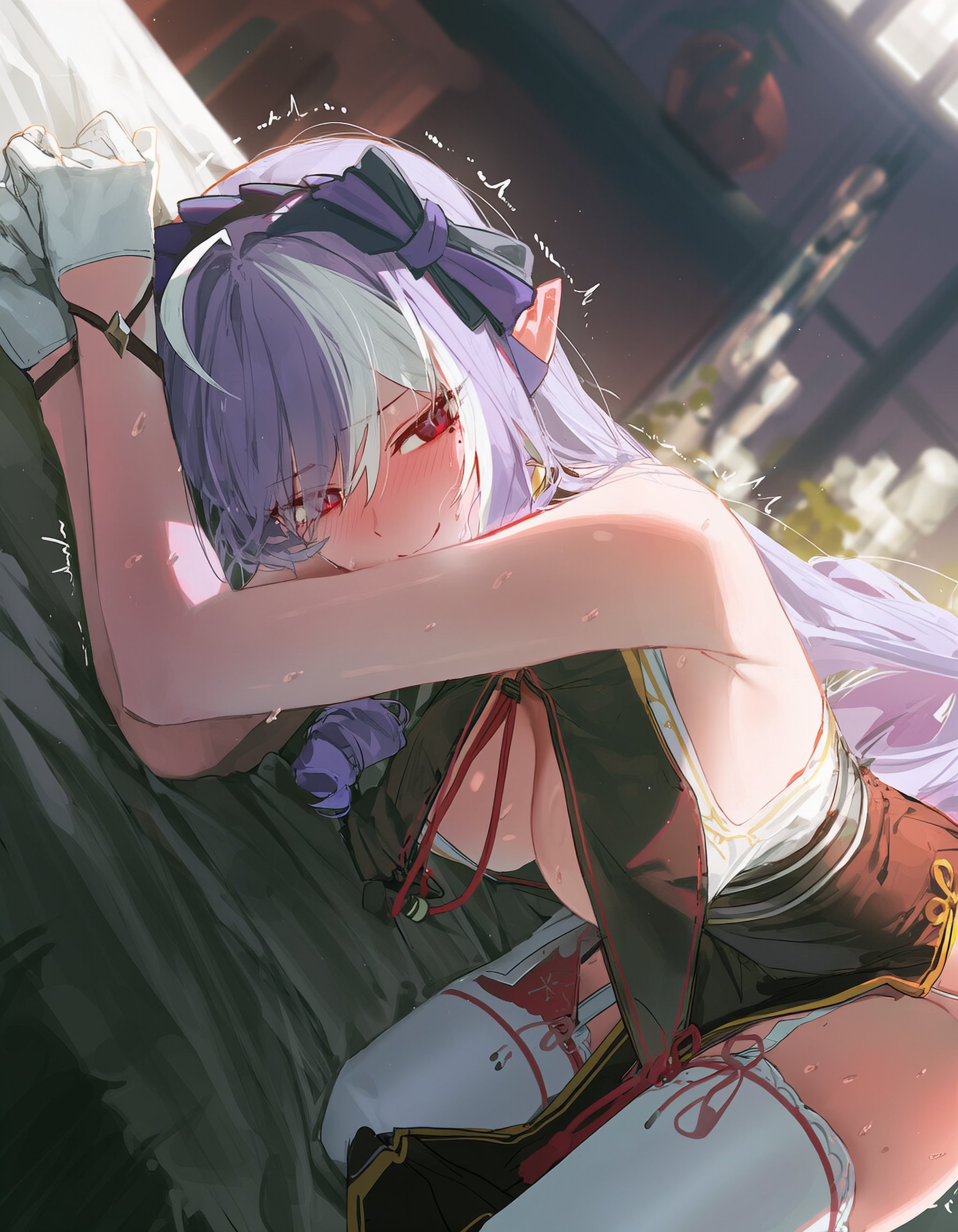 1girls, ai generated, big breasts, breasts, elf ears, excited, exposed breasts, female, hoyoverse, long hair, looking back, mihoyo, night, on bed, pointy ears, purple hair, red eyes, shaking, smile, sweat, thighhighs, thighs, trembling, vivian banshee, white thighhighs, zenless zone zero