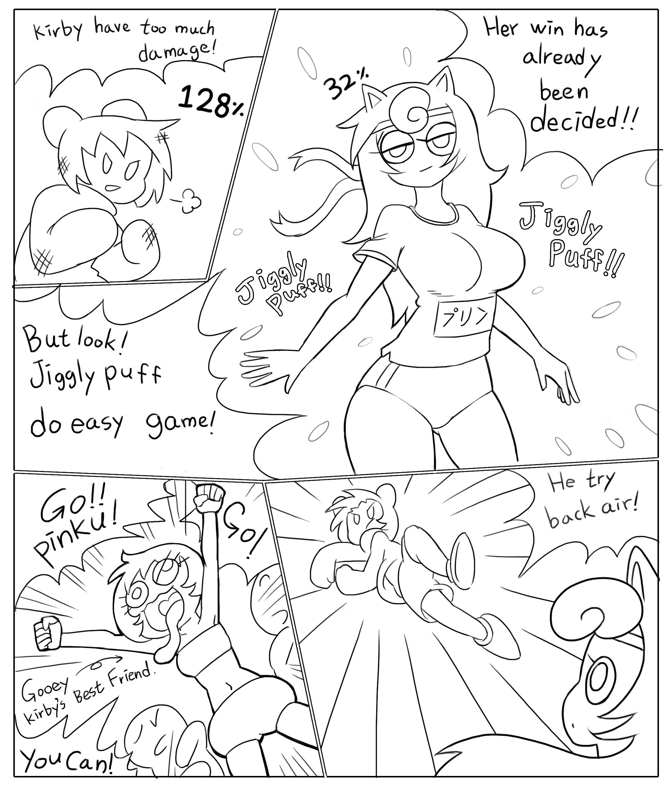 1girls, ambiguous gender, comic, crossover, cumby (minus8), female, gooey (kirby), jigglypuff, jigglypuff girl, kirby, kirby (series), kirby boy, kirby dreamland 3, kirby star allies, minus8, monochrome, nintendo, pokemon, pokemon (species), pokemon rgby, super smash bros., text