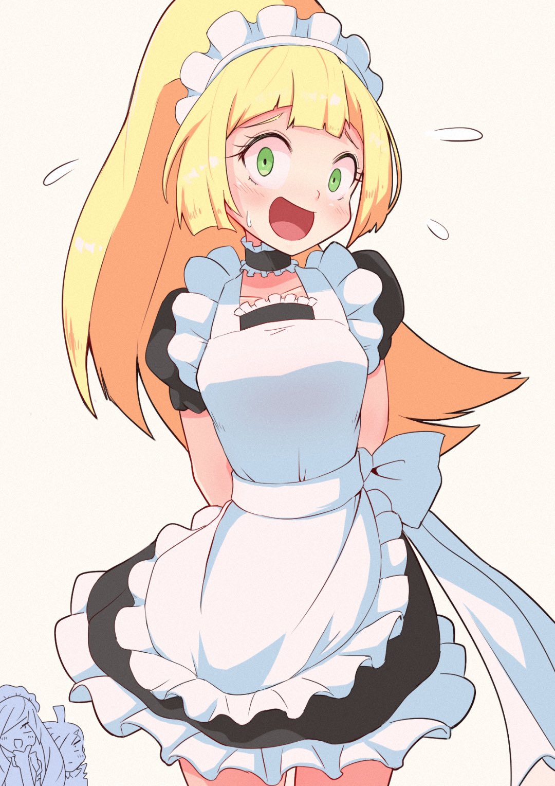 1boy, 2girls, alternate costume, apron, arms behind back, black dress, blonde hair, blush, collarbone, commentary request, dress, duplicate, embarrassed, enmaided, eyelashes, female, flying sweatdrops, frills, gladion (pokemon), green eyes, headdress, highres, kurachi mizuki, lillie (pokemon), long hair, lusamine (pokemon), maid, maid headdress, male, multiple females, multiple girls, neck garter, nintendo, open mouth, pinafore dress, pokemon, pokemon sm, ponytail, short sleeves, sleeveless, sleeveless dress, sweatdrop, tongue, white apron, white background