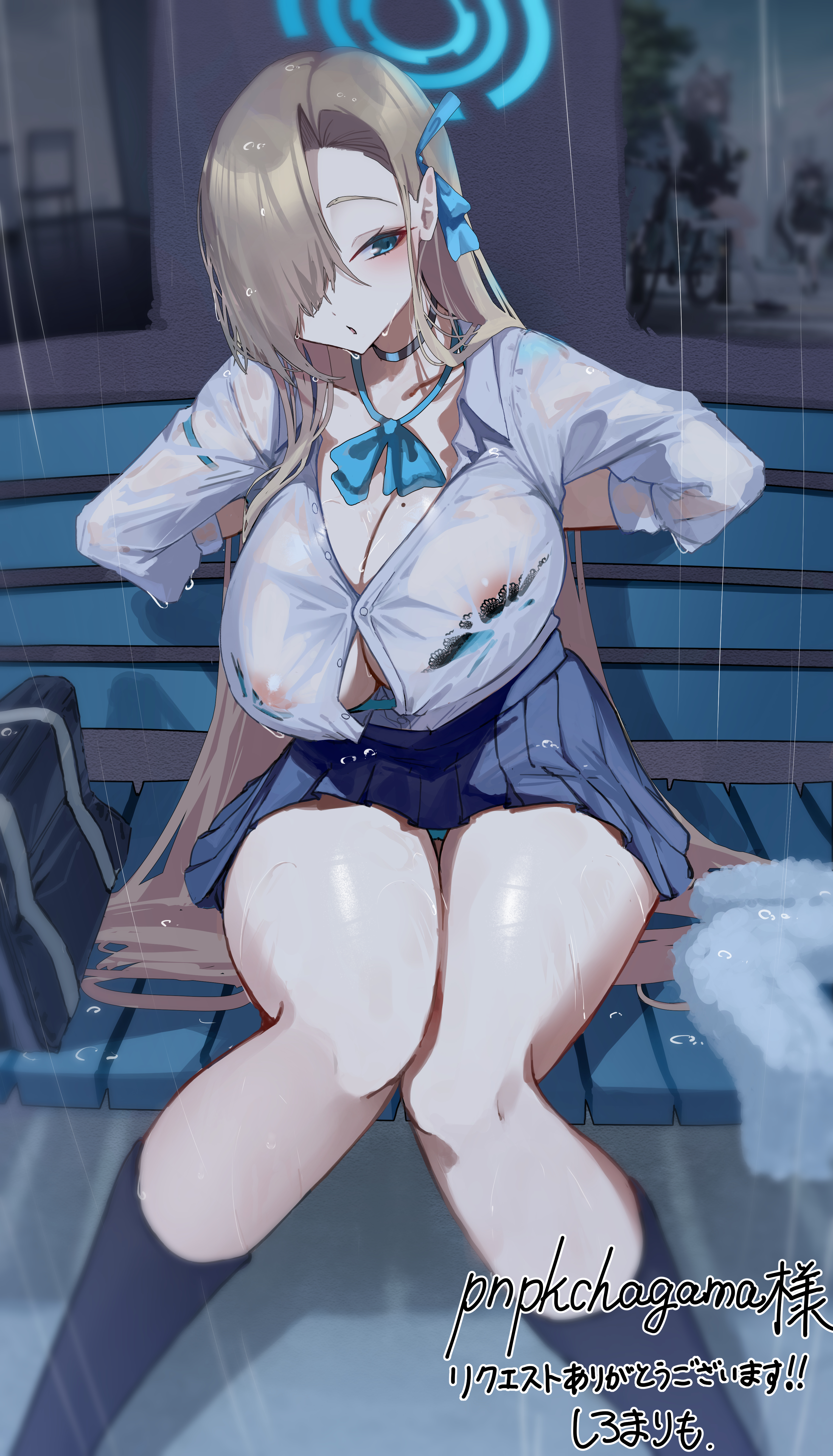 1girls, absurdres, areola slip, asuna (blue archive), asuna (school uniform) (blue archive), asymmetrical bangs, bag, bench, black choker, blue archive, blue bow, blue bowtie, blue bra, blue eyes, blue halo, blue ribbon, bow, bowtie, bra, bra visible through clothes, breasts, button gap, choker, collared shirt, dress shirt, female, female only, hair behind ear, hair over one eye, hair ribbon, halo, highres, huge breasts, knees together feet apart, lace, lace trim, lace-trimmed bra, light brown hair, long hair, long sleeves, looking back, miniskirt, mole, mole on breast, open bra, panties, pantyshot, pleated skirt, rain, ribbon, school bag, school uniform, see-through clothes, shiro marimo, shirt, signature, sitting, skirt, solo, thighs, towel, unaligned breasts, underwear, untying, very long hair, wet, wet clothes, white shirt